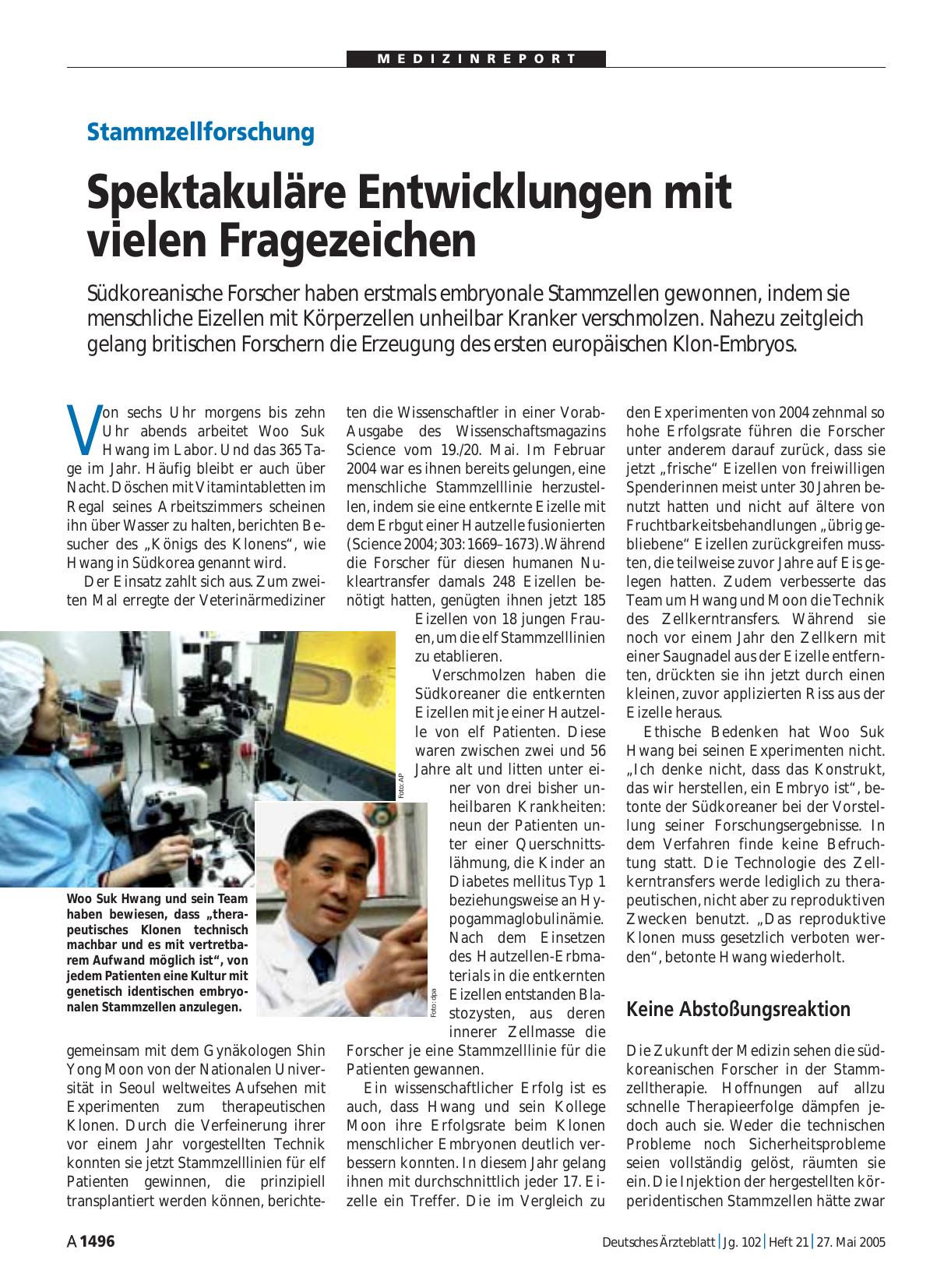 Vorschauseite 1: Stammzellforschung: Spektakuläre Entwicklungen mit vielen Fragezeichen