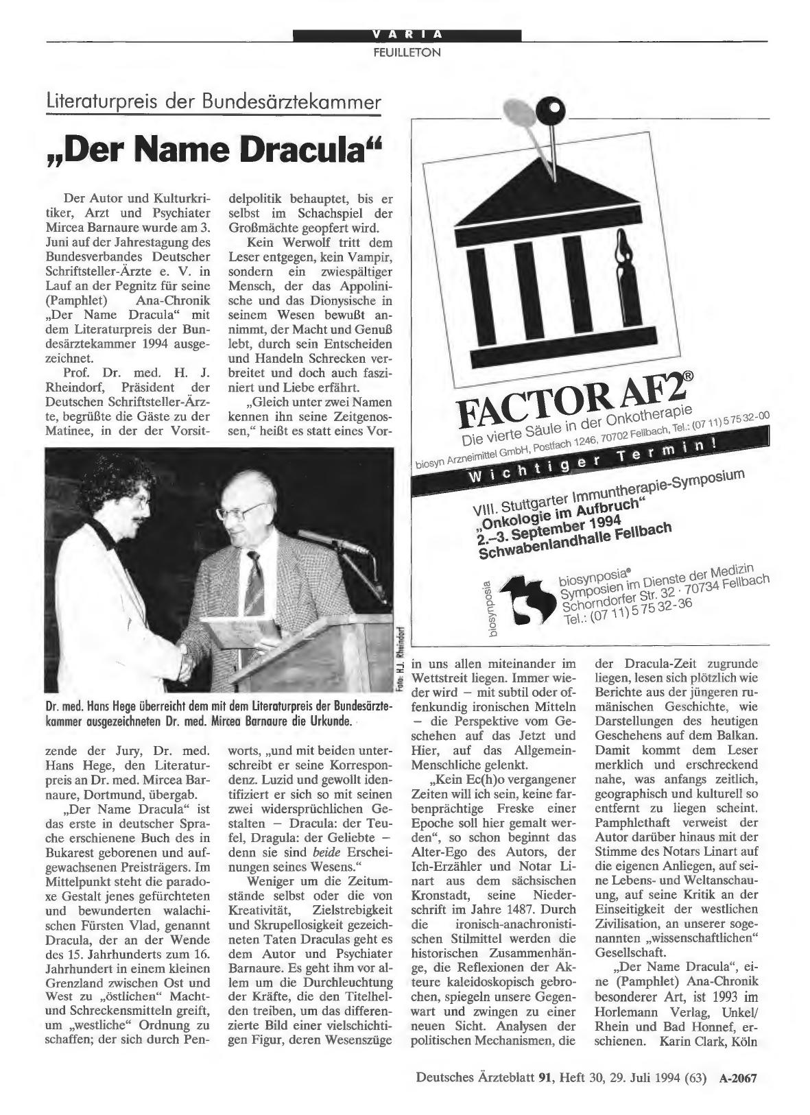 Vorschauseite 1: Literaturpreis der Bundesärztekammer: „Der Name Dracula“