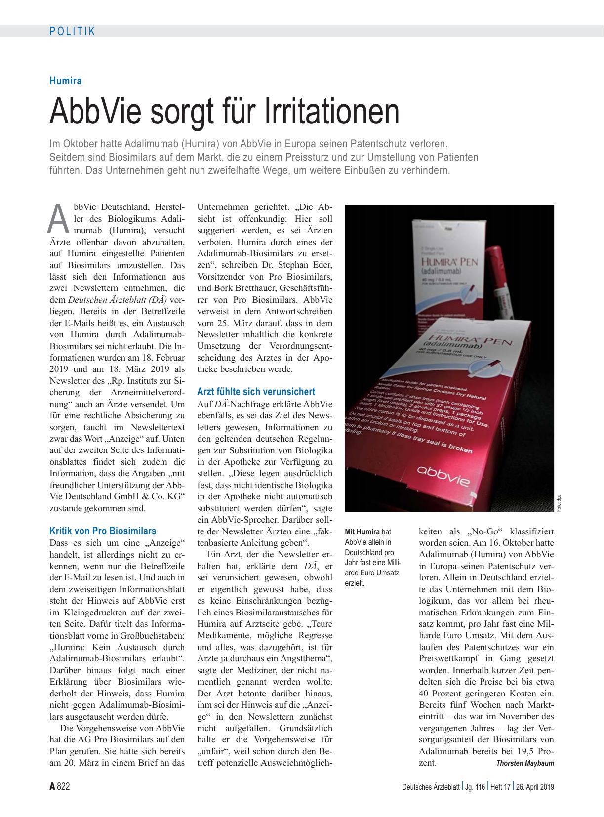 Vorschauseite 1: Humira: AbbVie sorgt für Irritationen