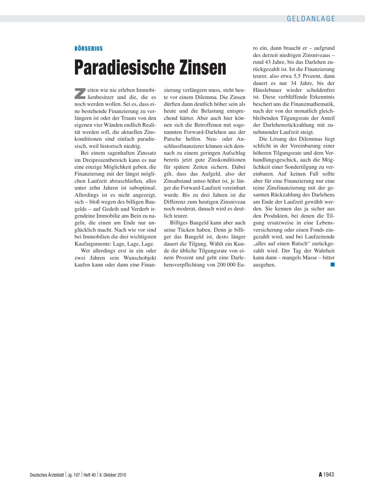 Vorschauseite 1: Börsebius: Paradiesische Zinsen