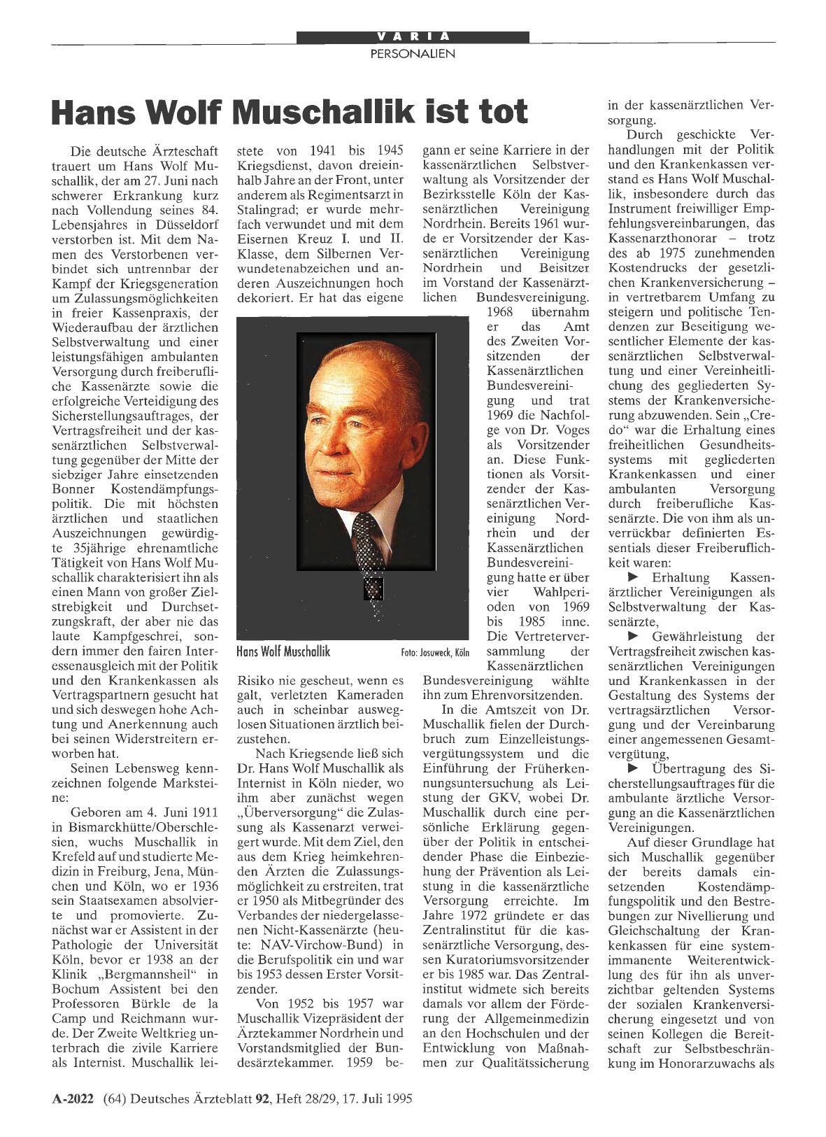 Vorschauseite 1: Hans Wolf Muschallik ist tot