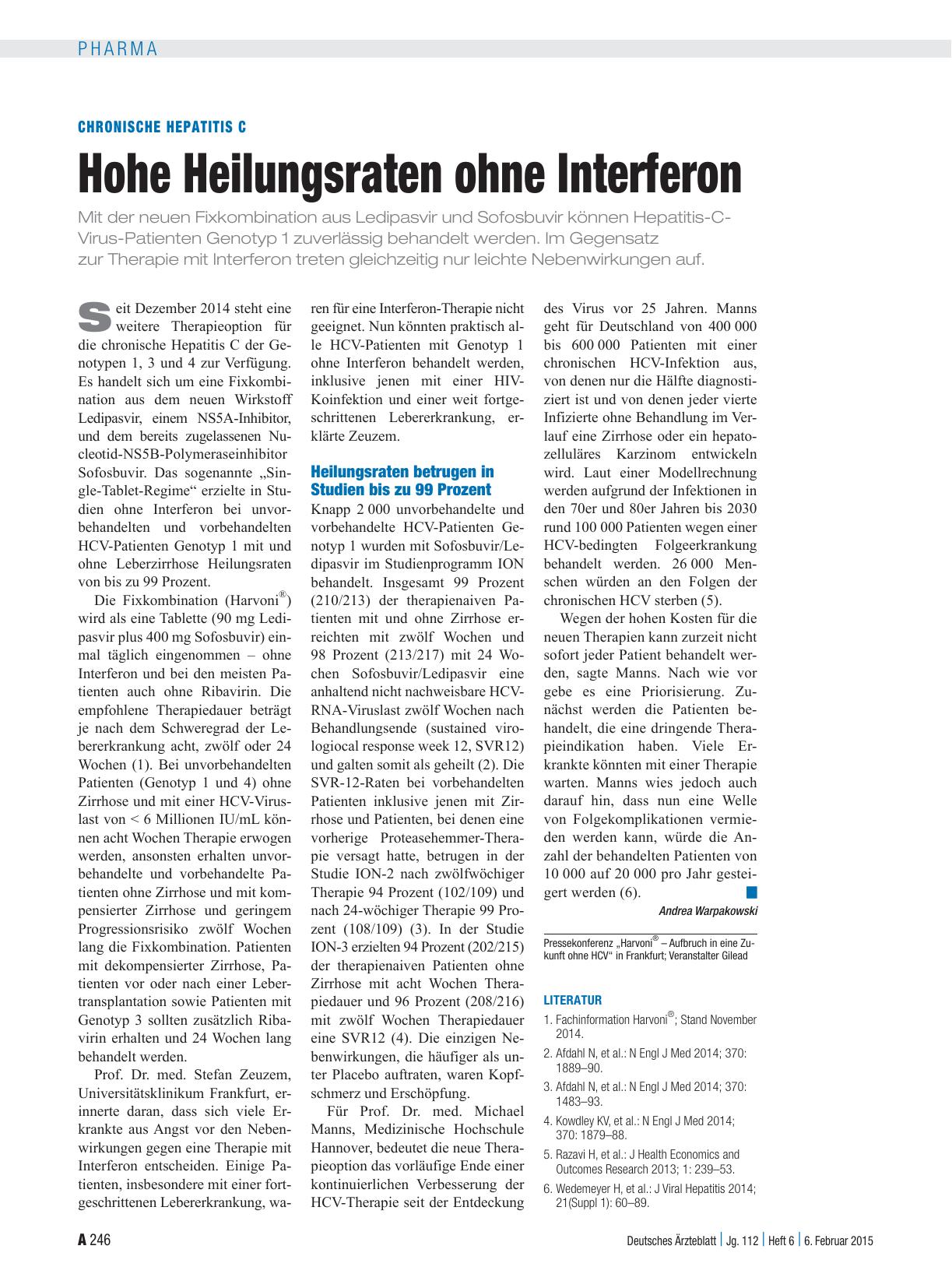 Vorschauseite 1: Chronische Hepatitis C: Hohe Heilungsraten ohne Interferon