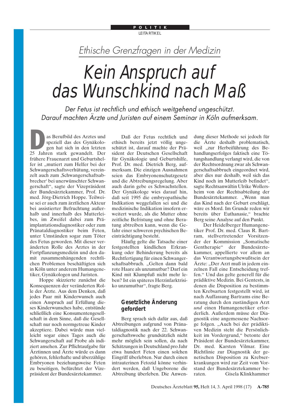 Vorschauseite 1: Ethische Grenzfragen in der Medizin: Kein Anspruch auf das Wunschkind nach Maß