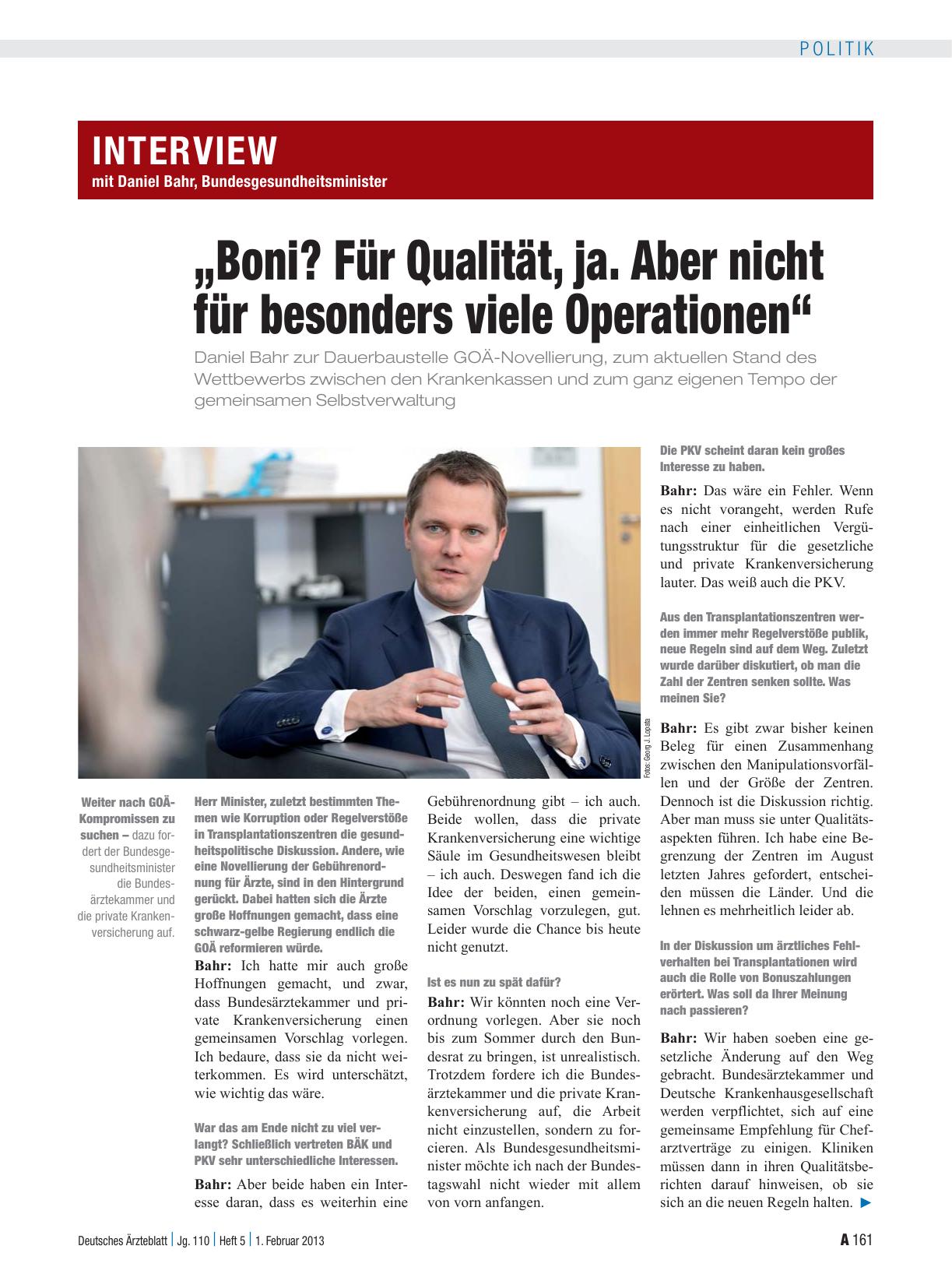 Vorschauseite 1: Interview mit Daniel Bahr, Bundesgesundheitsminister: „Boni? Für Qualität, ja. Aber nicht für besonders viele Operationen“