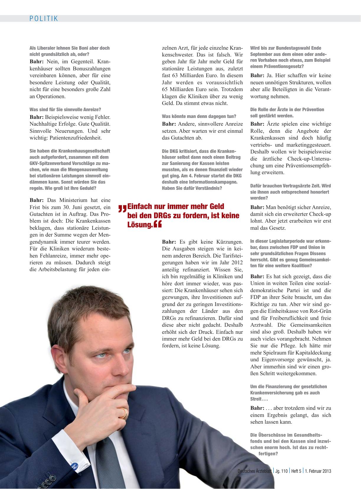 Vorschauseite 2: Interview mit Daniel Bahr, Bundesgesundheitsminister: „Boni? Für Qualität, ja. Aber nicht für besonders viele Operationen“