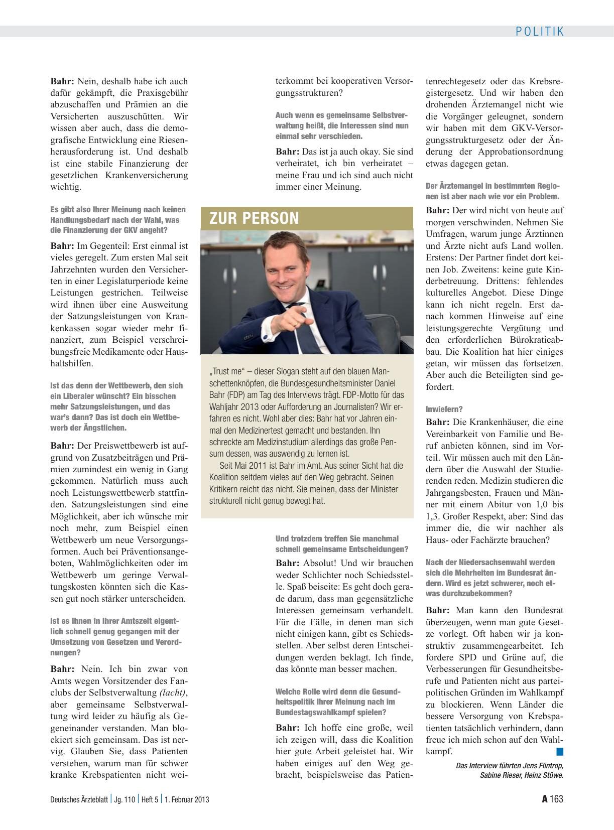 Vorschauseite 3: Interview mit Daniel Bahr, Bundesgesundheitsminister: „Boni? Für Qualität, ja. Aber nicht für besonders viele Operationen“