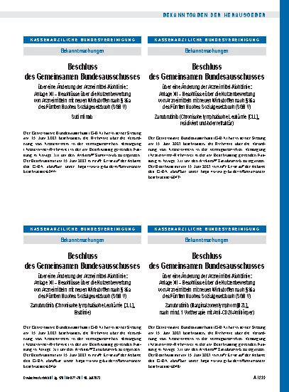 Vorschauseite 1: Beschluss des Gemeinsamen Bundesausschusses über eine Änderung der Arzneimittel-Richtlinie: Anlage XII – Sutimlimab