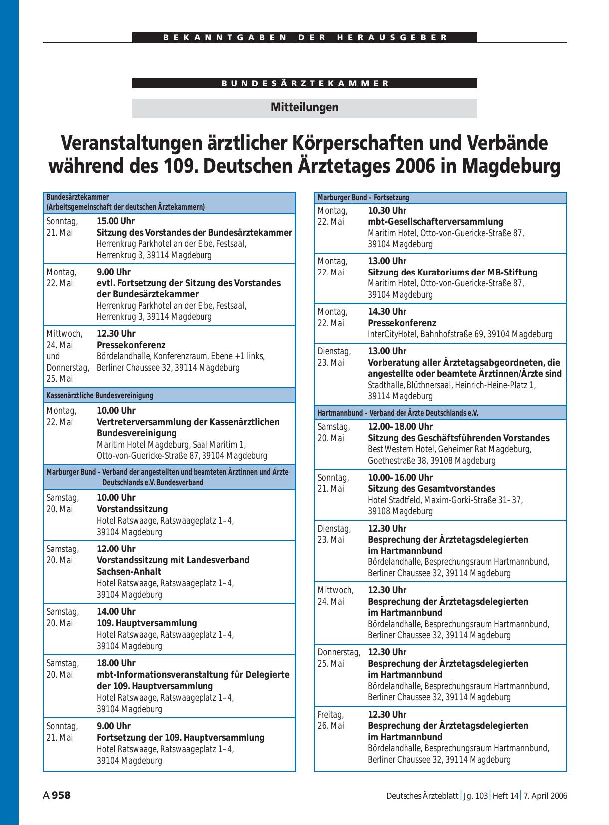 Vorschauseite 1: Mitteilungen: Veranstaltungen ärztlicher Körperschaften und Verbände während des 109. Deutschen Ärztetages 2006 in Magdeburg