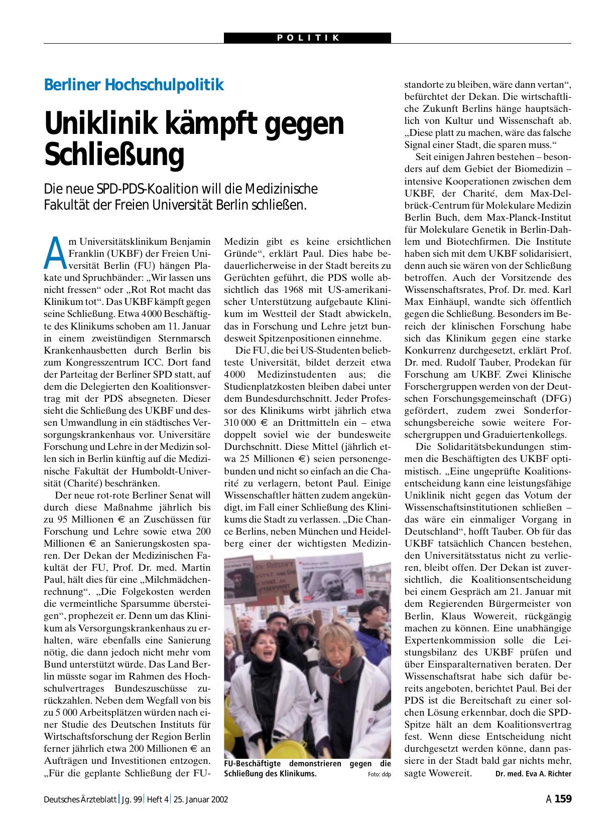 Vorschauseite 1: Berliner Hochschulpolitik: Uniklinik kämpft gegen Schließung Fakultät der Freien Universität Berlin schließen
