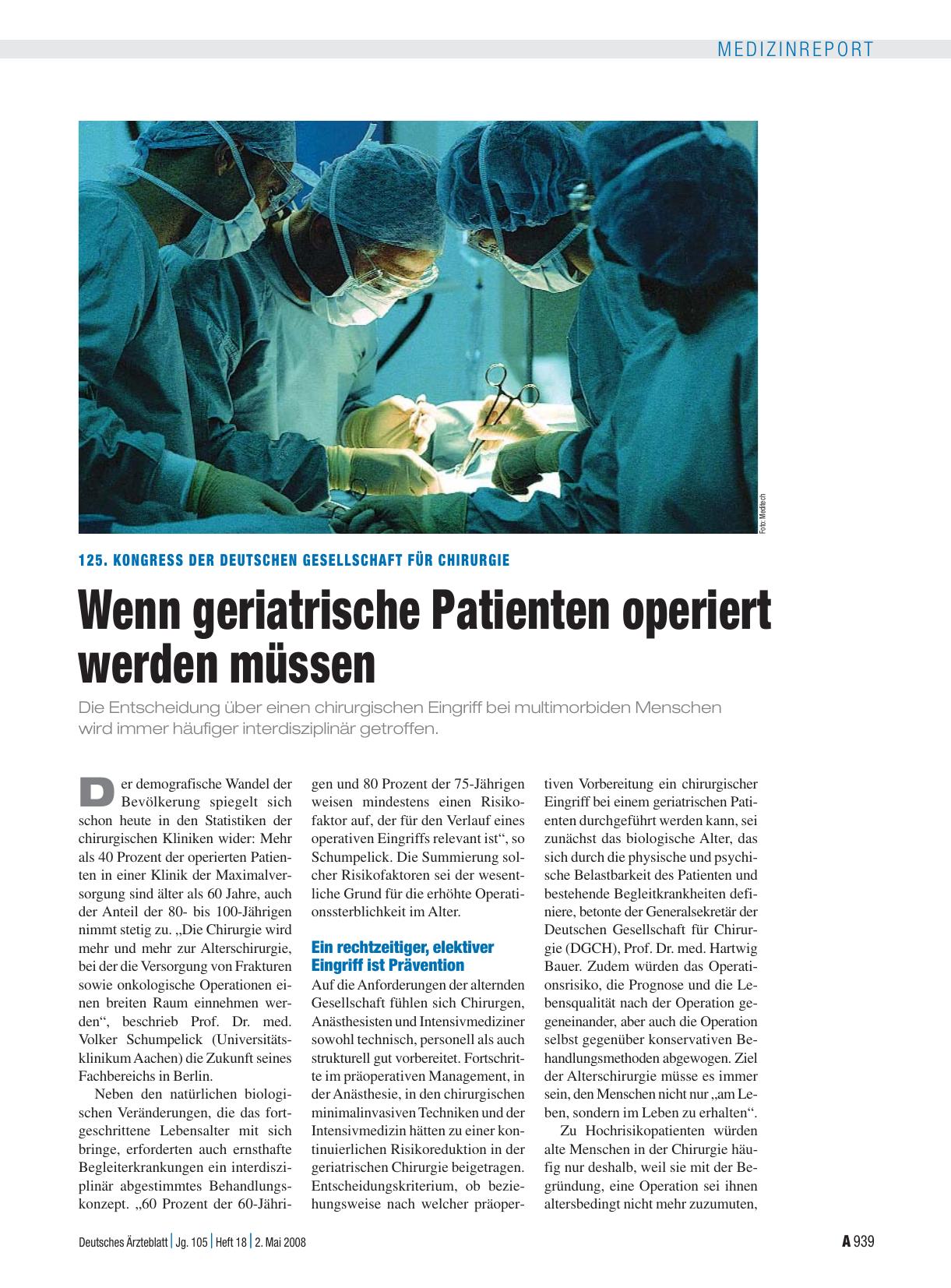 Vorschauseite 1: 125. Kongress der Deutschen Gesellschaft für Chirurgie: Wenn geriatrische Patienten operiert werden müssen