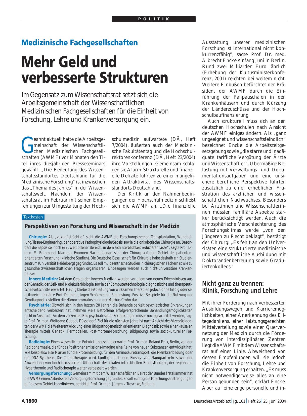 Vorschauseite 1: Medizinische Fachgesellschaften: Mehr Geld und verbesserte Strukturen