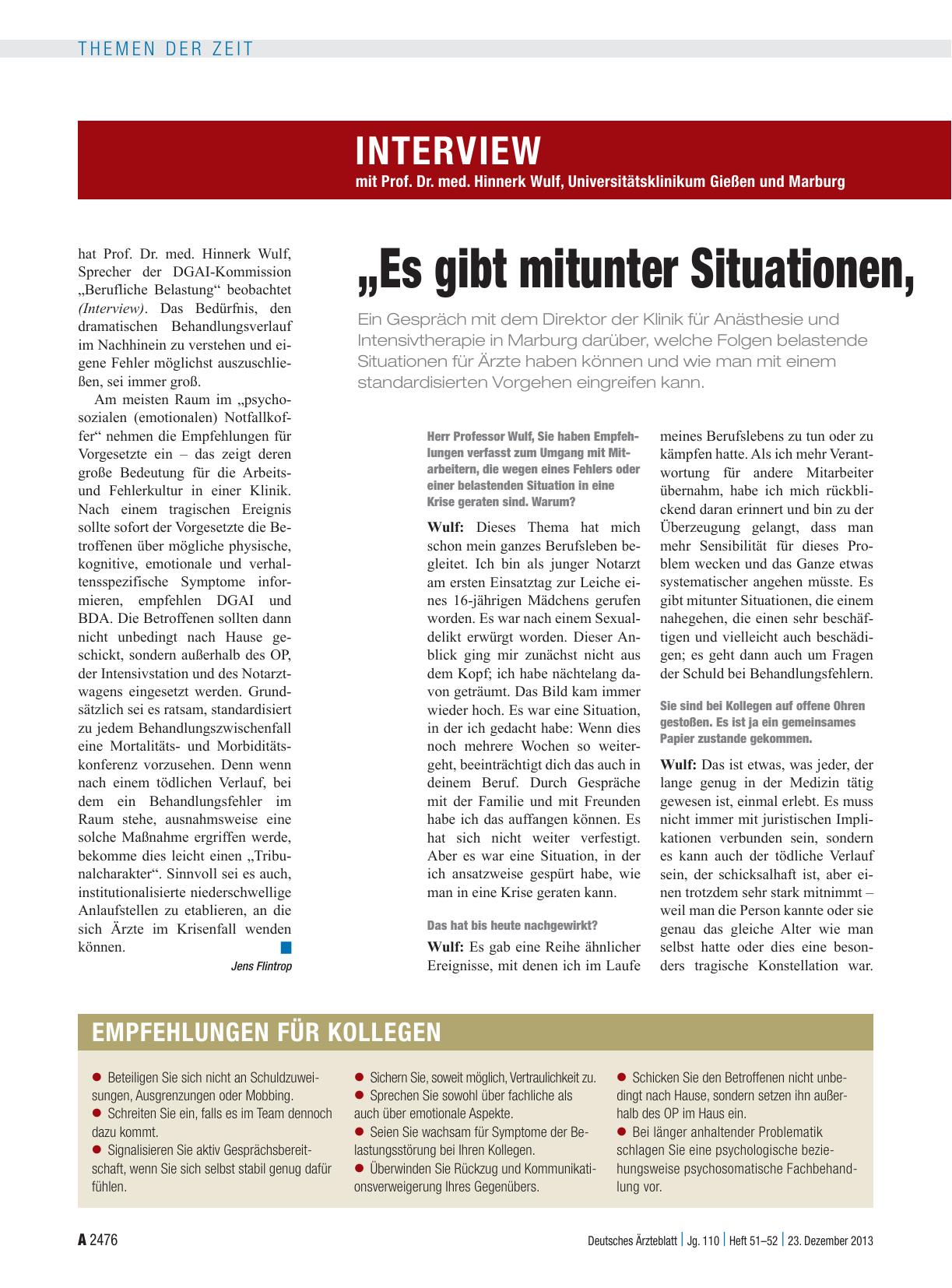 Vorschauseite 1: Interview mit Prof. Dr. med. Hinnerk Wulf, Universitätsklinikum Gießen und Marburg: „Es gibt mitunter Situationen, die einem nahegehen“