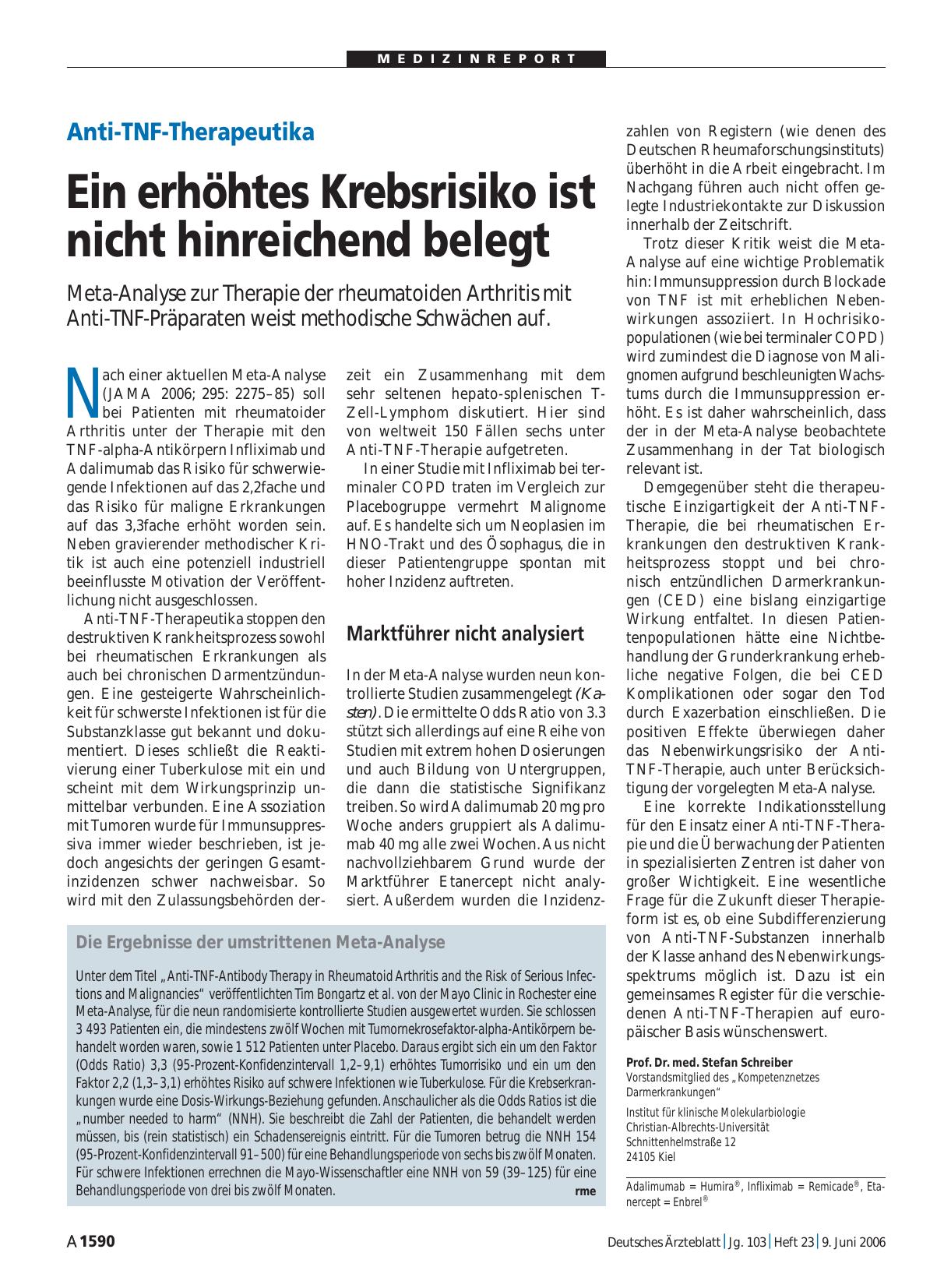 Vorschauseite 1: Anti-TNF-Therapeutika. Ein erhöhtes Krebsrisiko ist nicht hinreichend belegt
