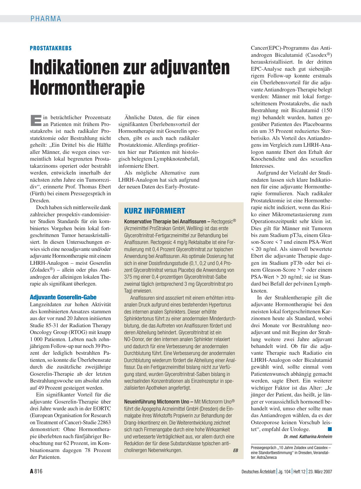 Vorschauseite 1: Prostatakrebs: Indikationen zur adjuvanten Hormontherapie