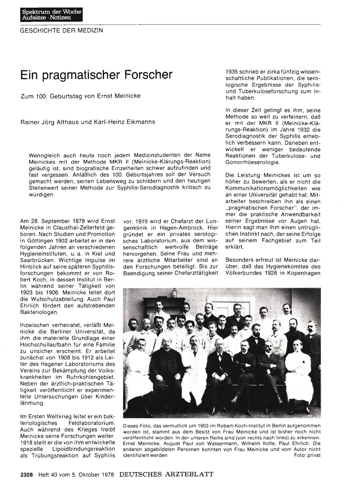 Vorschauseite 1: Ein pragmatischer Forscher: Zum 100. Geburtstag von Ernst Meinicke