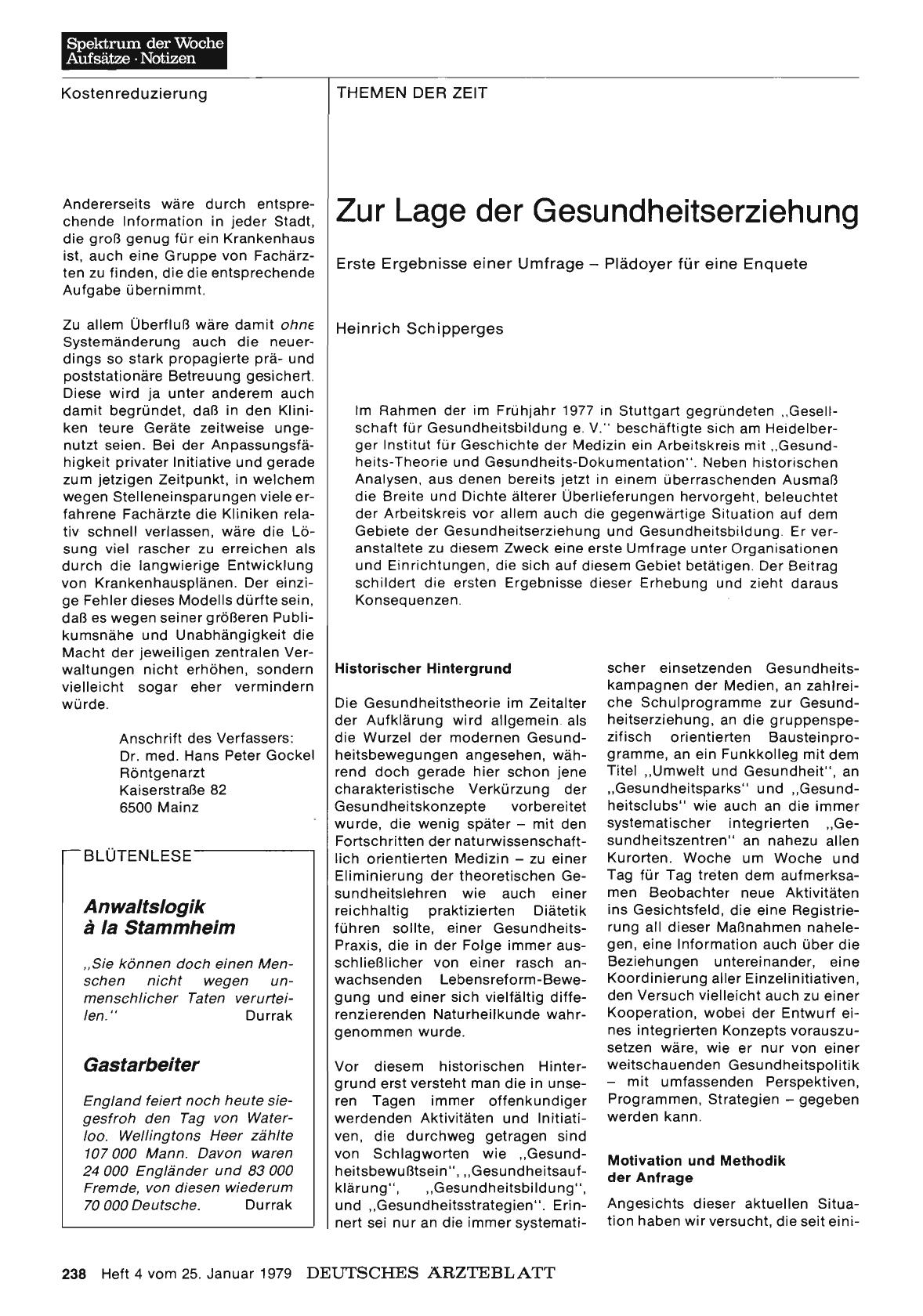 Vorschauseite 1: Zur Lage der Gesundheitserziehung: Erste Ergebnisse einer Umfrage – Plädoyer für eine Enquete