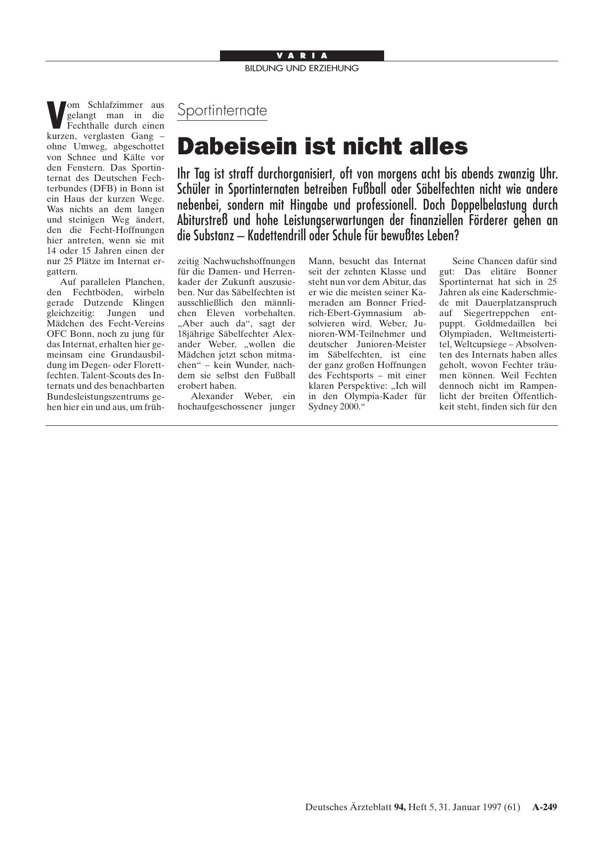 Vorschauseite 1: Sportinternate: Dabeisein ist nicht alles