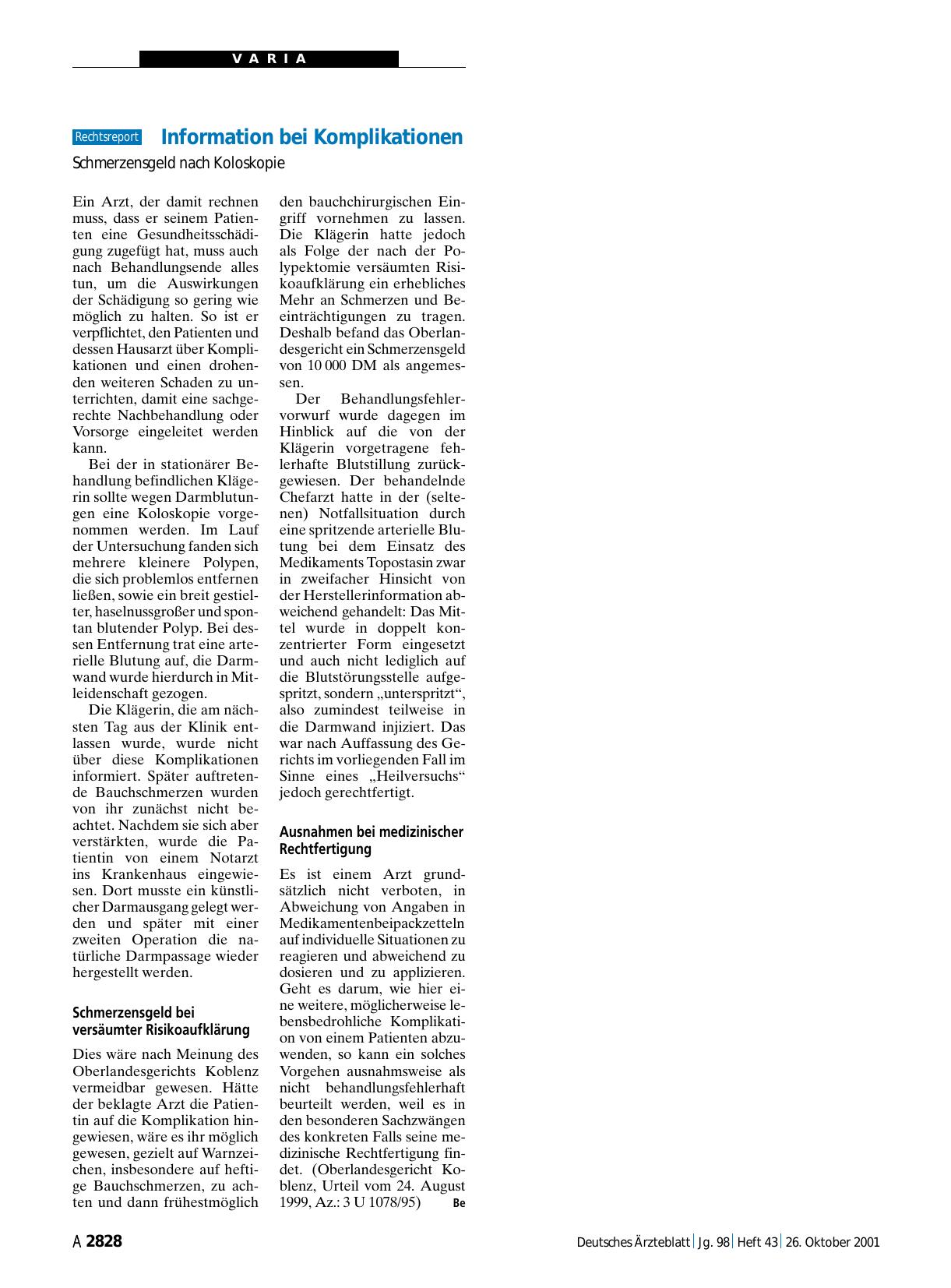 Vorschauseite 1: Information bei Komplikationen: Schmerzensgeld nach Koloskopie