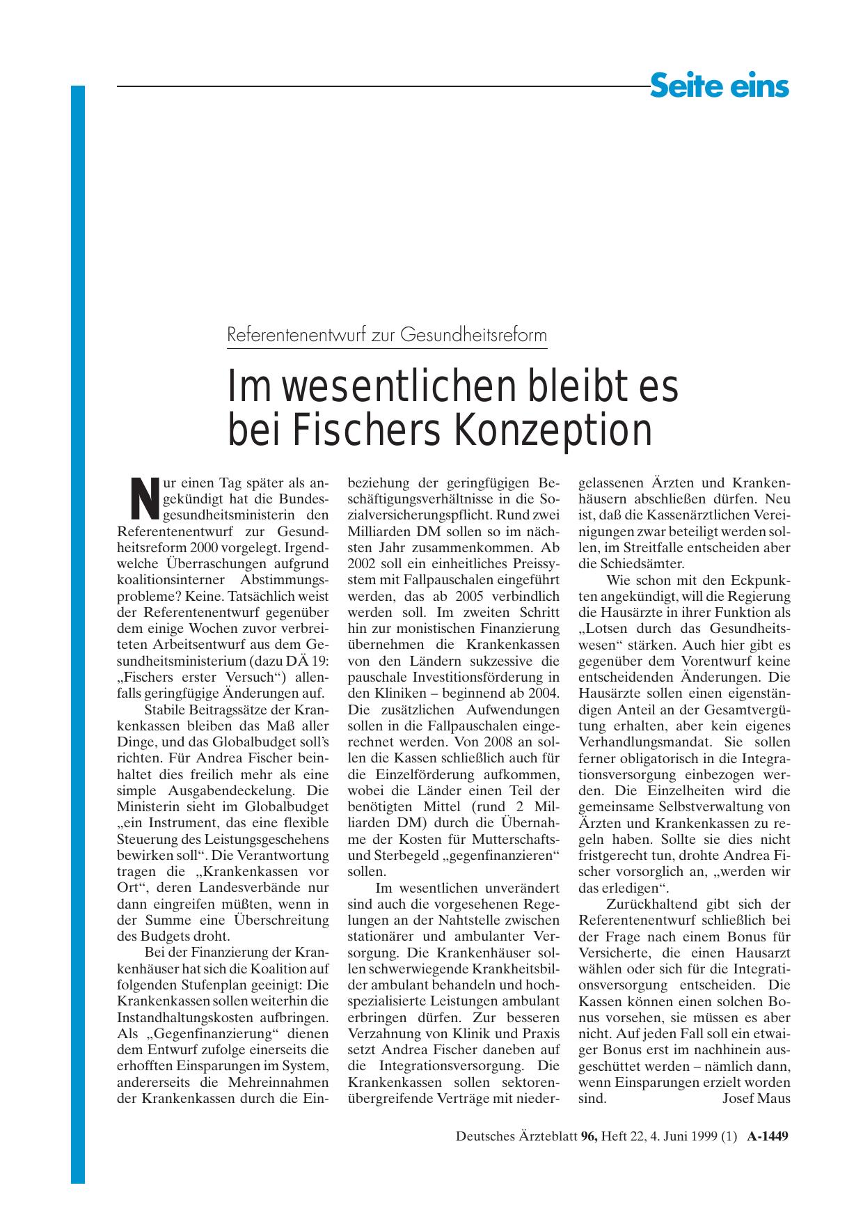 Vorschauseite 1: Referentenentwurf zur Gesundheitsreform: Im wesentlichen bleibt es bei Fischers Konzeption