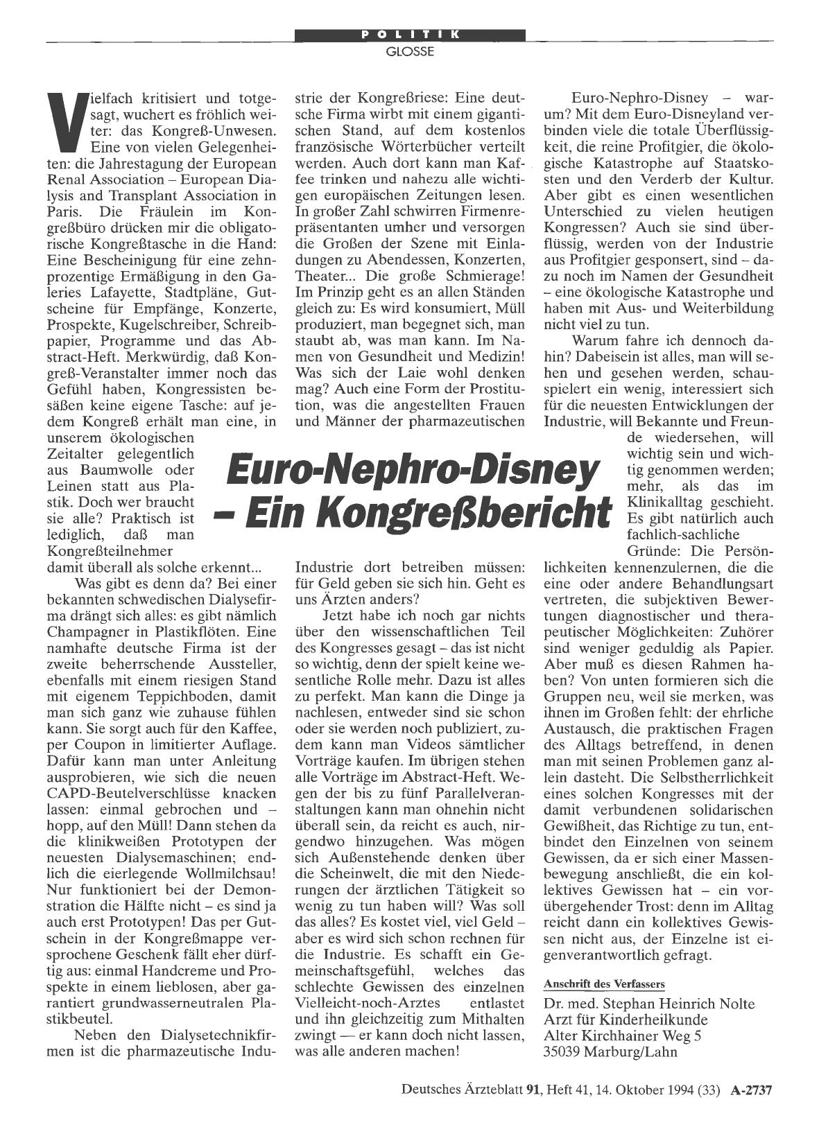 Vorschauseite 1: Euro-Nephro-Disney: Ein Kongreßbericht