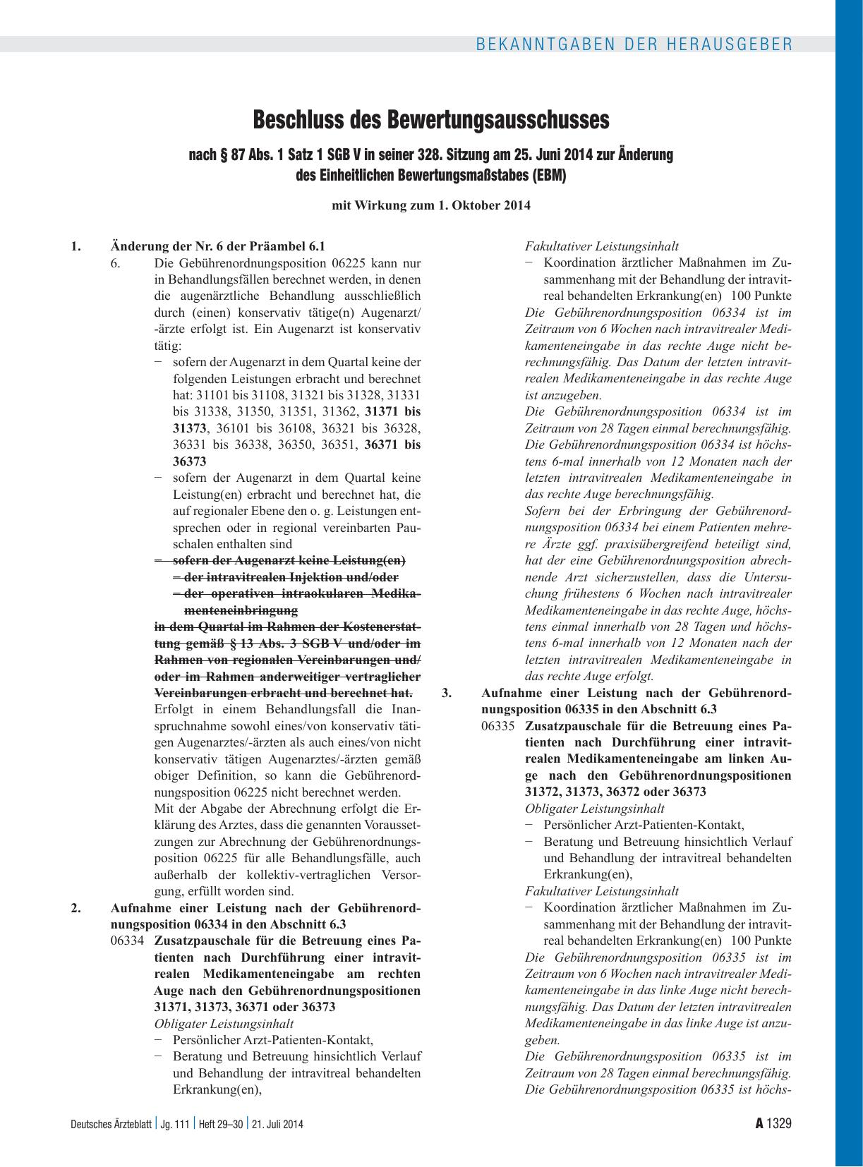 Vorschauseite 1: Beschluss des Bewertungsausschusses nach § 87 Abs. 1 Satz 1 SGB V in seiner 328. Sitzung am 25. Juni 2014 zur Änderung des Einheitlichen Bewertungsmaßstabes (EBM)