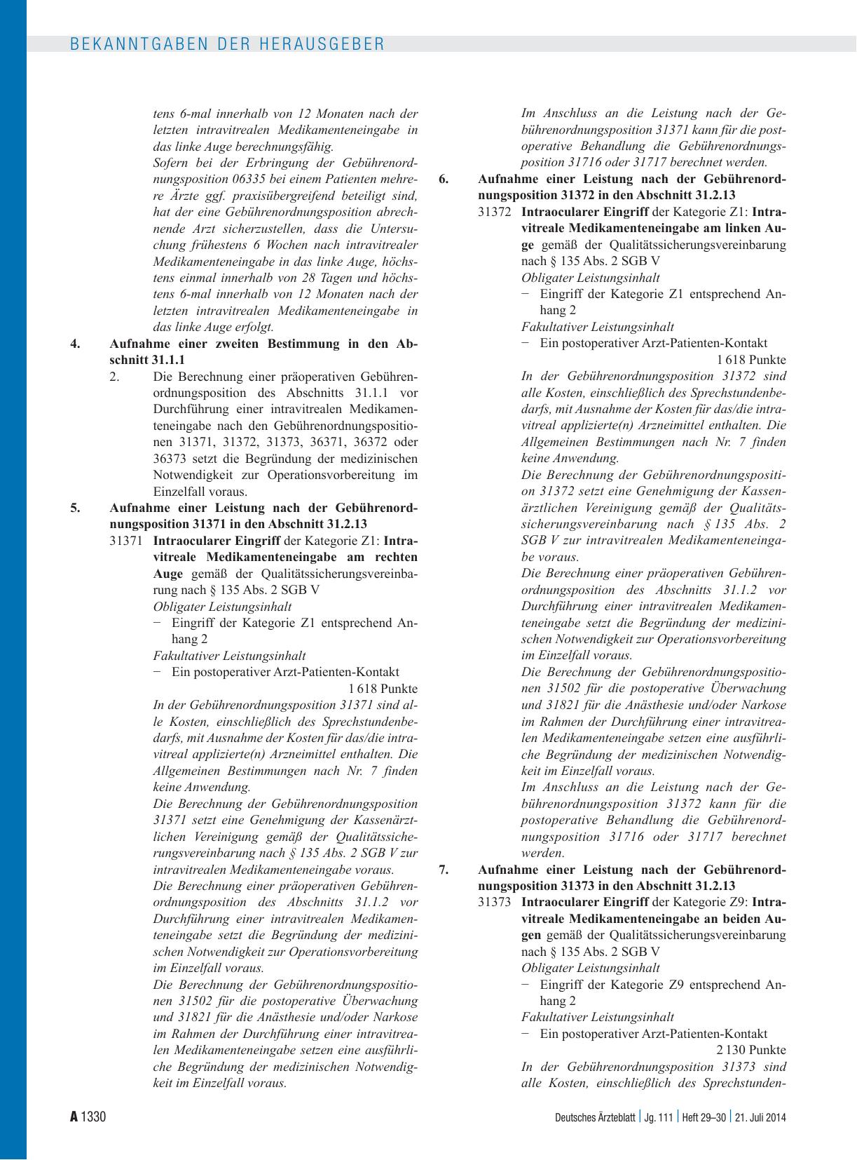 Vorschauseite 2: Beschluss des Bewertungsausschusses nach § 87 Abs. 1 Satz 1 SGB V in seiner 328. Sitzung am 25. Juni 2014 zur Änderung des Einheitlichen Bewertungsmaßstabes (EBM)