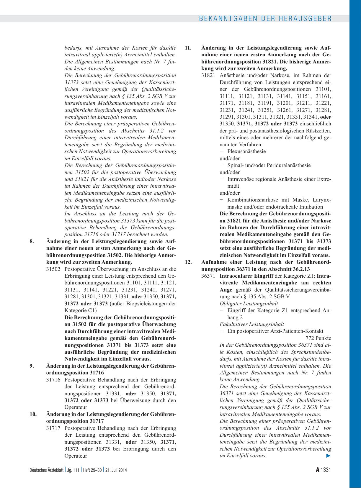 Vorschauseite 3: Beschluss des Bewertungsausschusses nach § 87 Abs. 1 Satz 1 SGB V in seiner 328. Sitzung am 25. Juni 2014 zur Änderung des Einheitlichen Bewertungsmaßstabes (EBM)