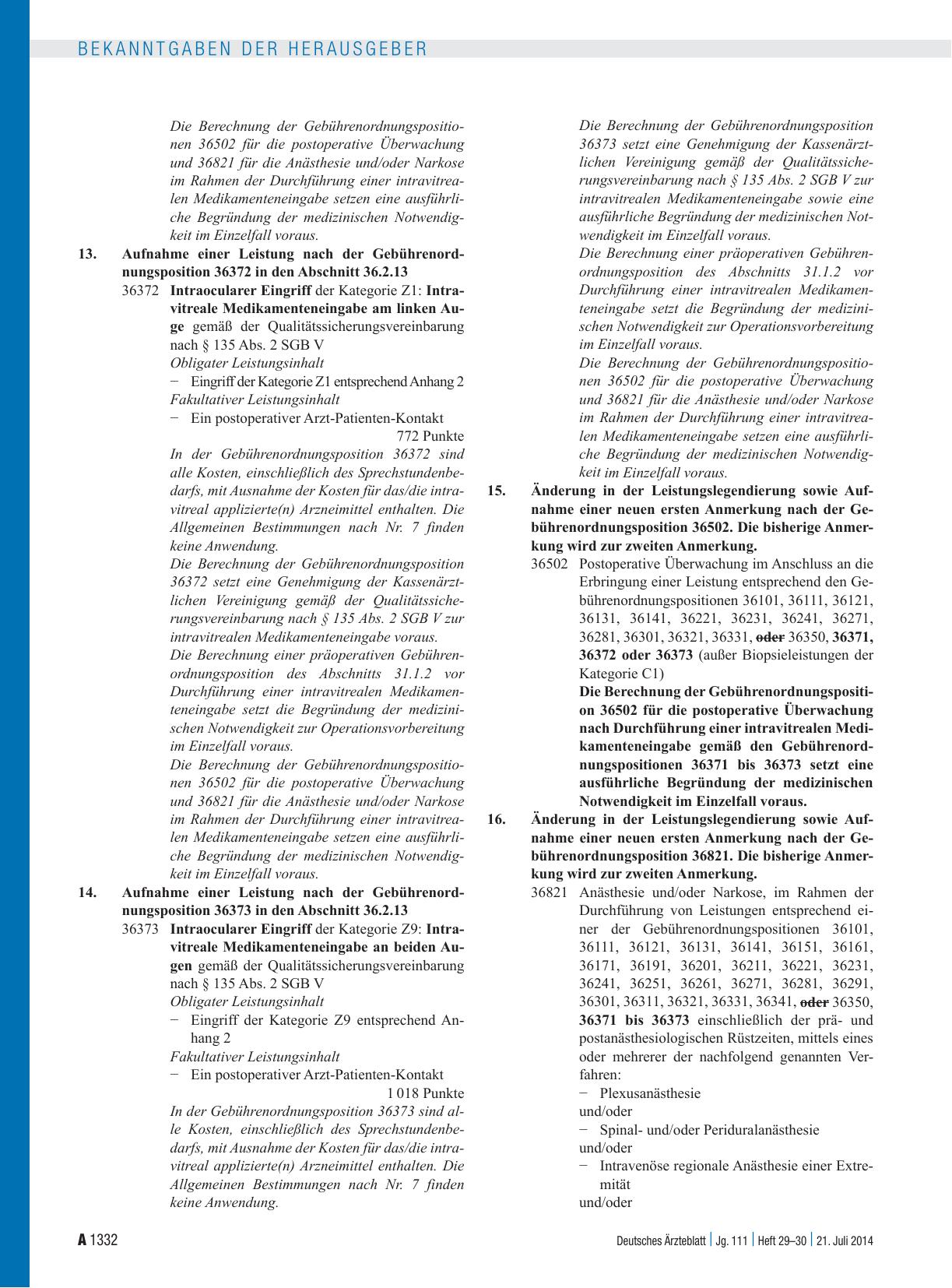 Vorschauseite 4: Beschluss des Bewertungsausschusses nach § 87 Abs. 1 Satz 1 SGB V in seiner 328. Sitzung am 25. Juni 2014 zur Änderung des Einheitlichen Bewertungsmaßstabes (EBM)