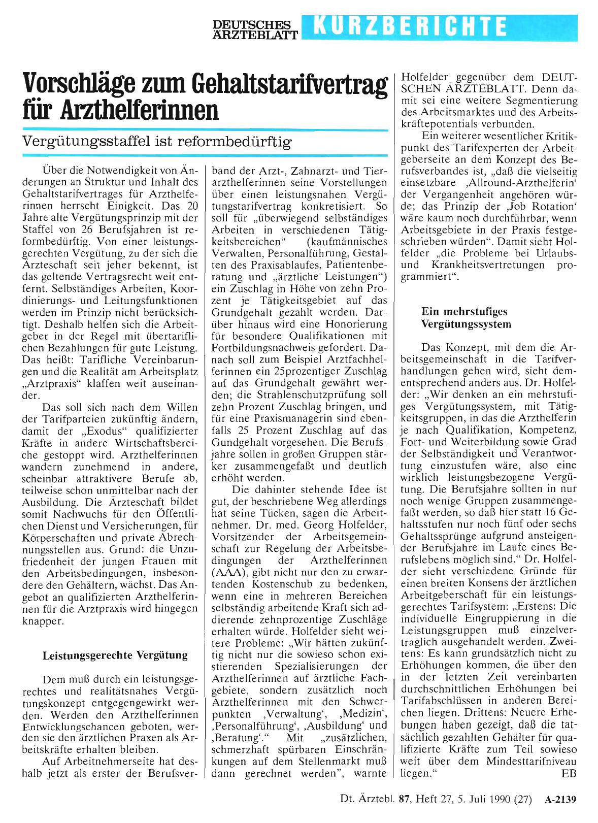 Vorschauseite 1: Vorschläge zum Gehaltstarifvertrag für Arzthelferinnen