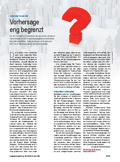 Vorschauseite 1: Alzheimer Krankheit: Vorhersage eng begrenzt