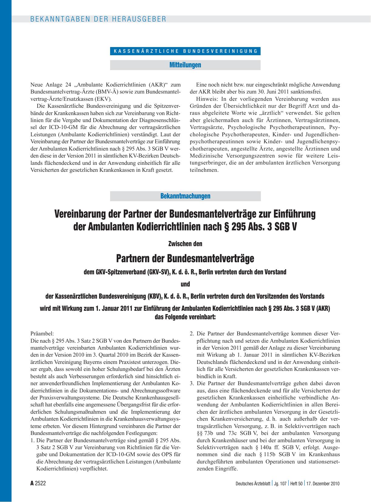 Vorschauseite 1: Vereinbarung der Partner der Bundesmantelverträge zur Einführung der Ambulanten Kodierrichtlinien nach § 295 Abs. 3 SGB V