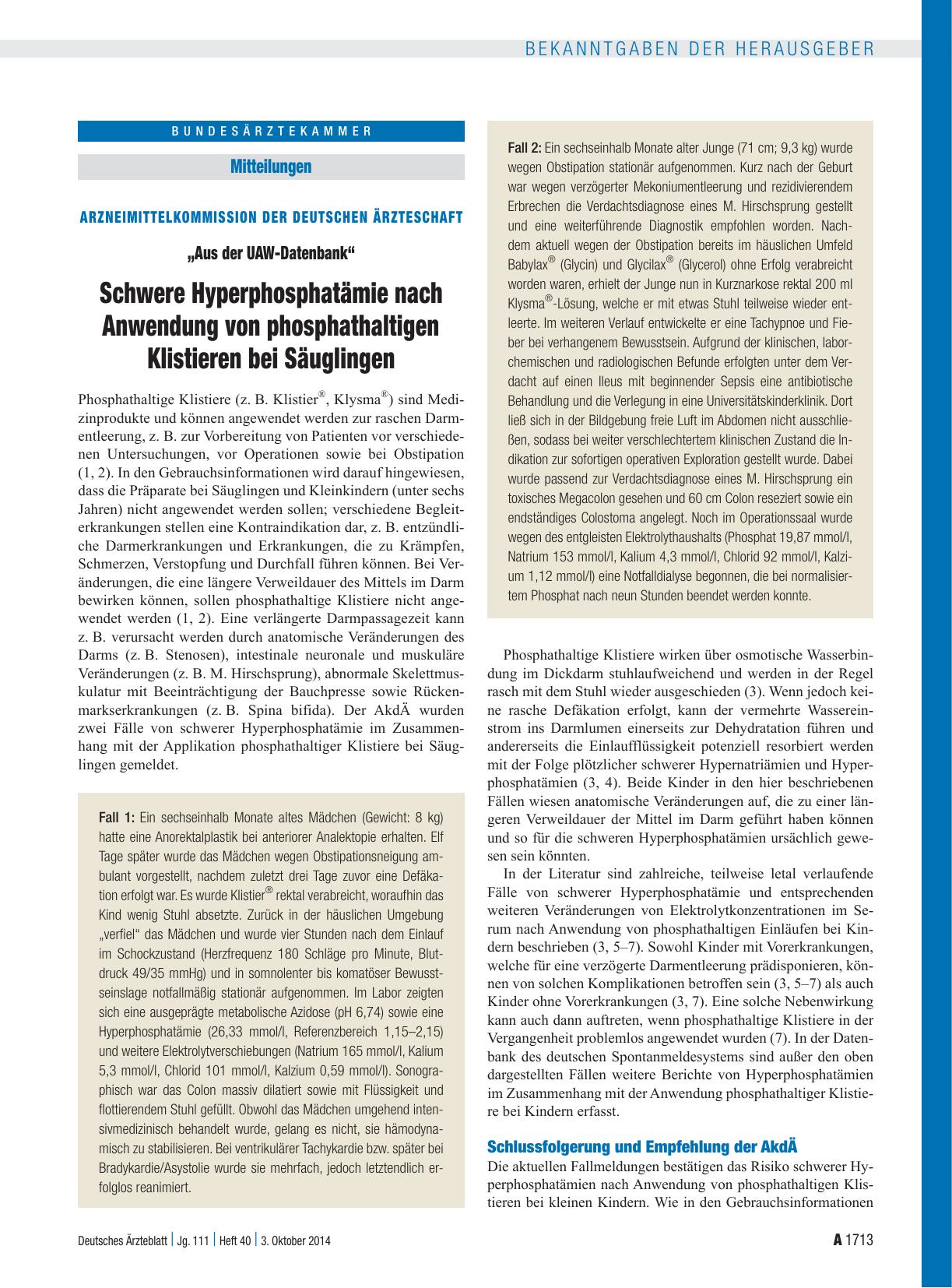 Vorschauseite 1: Arzneimittelkommission der deutschen Ärzteschaft – „Aus der UAW-Datenbank“: Schwere Hyperphosphatämie nach Anwendung von phosphathaltigen Klistieren bei Säuglingen