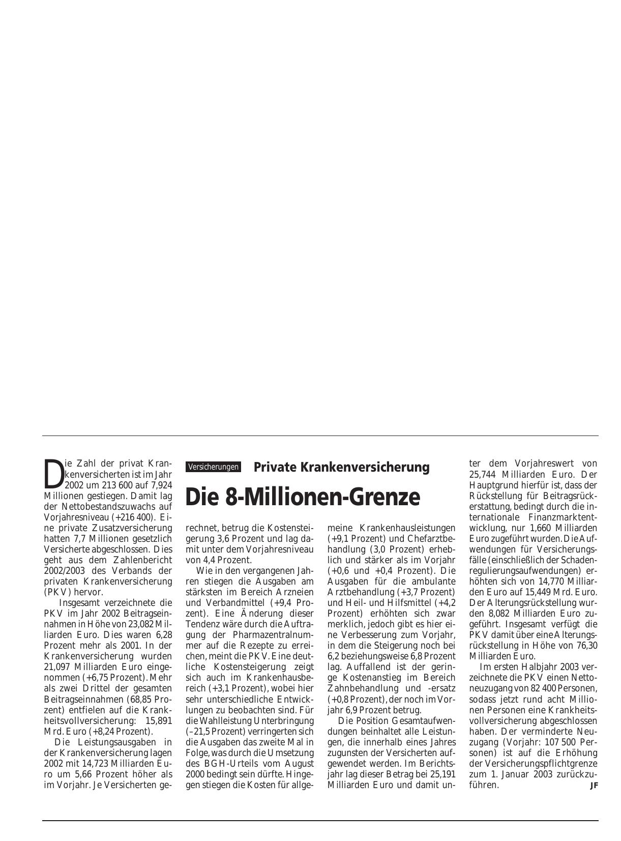 Vorschauseite 1: Private Krankenversicherung: Die 8-Millionen-Grenze