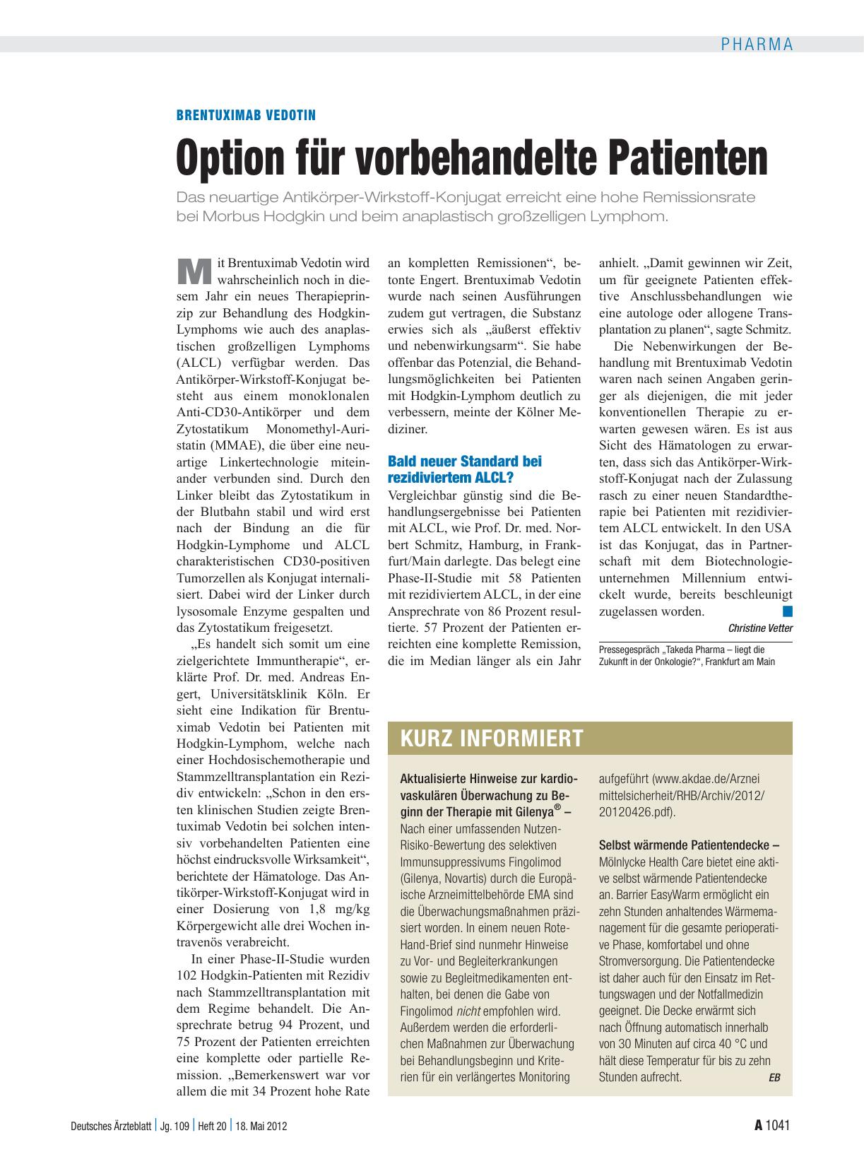 Vorschauseite 1: Brentuximab Vedotin: Option für vorbehandelte Patienten