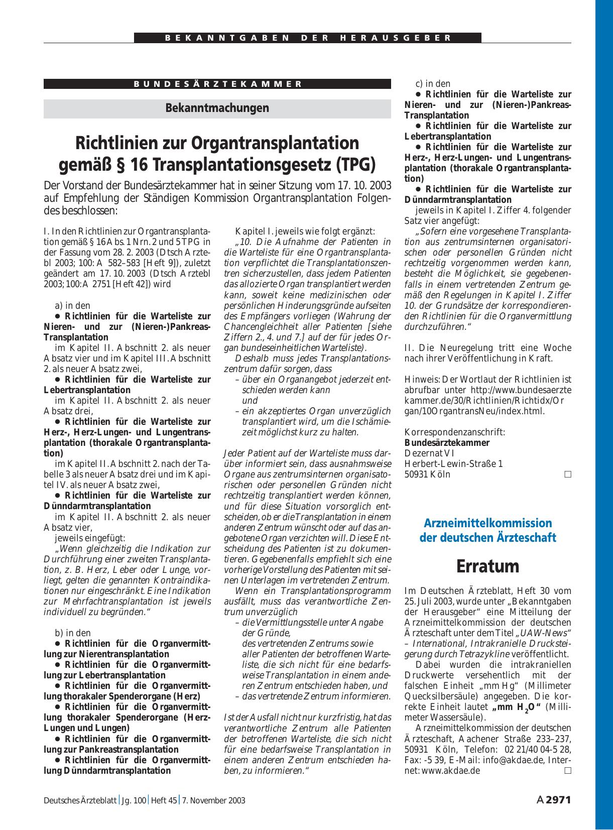 Vorschauseite 1: Bekanntmachungen: Richtlinien zur Organtransplantation gemäß § 16 Transplantationsgesetz (TPG)