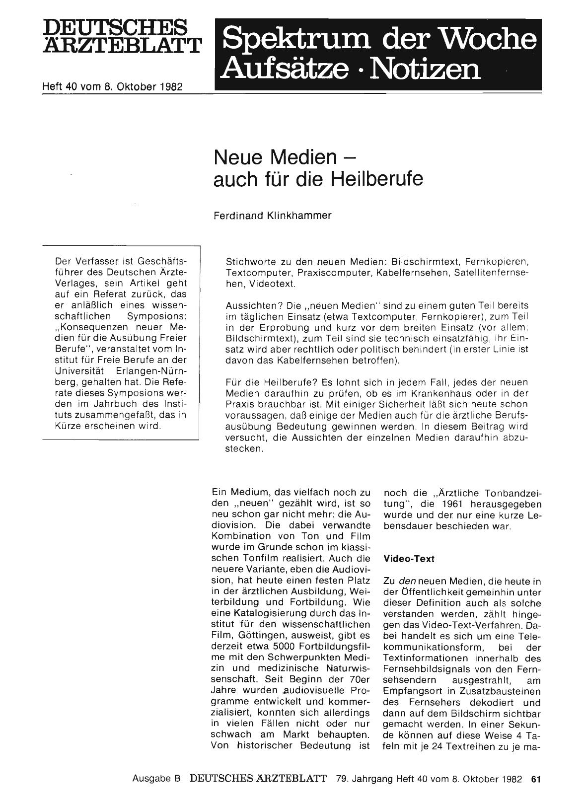 Vorschauseite 1: Neue Medien — auch für die Heilberufe Ferdinand Klinkhammer