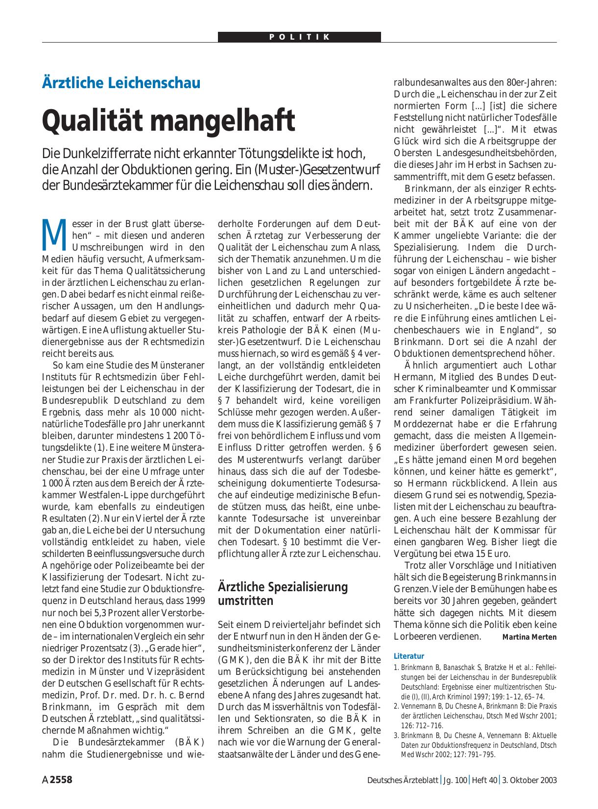 Vorschauseite 1: Ärztliche Leichenschau: Qualität mangelhaft