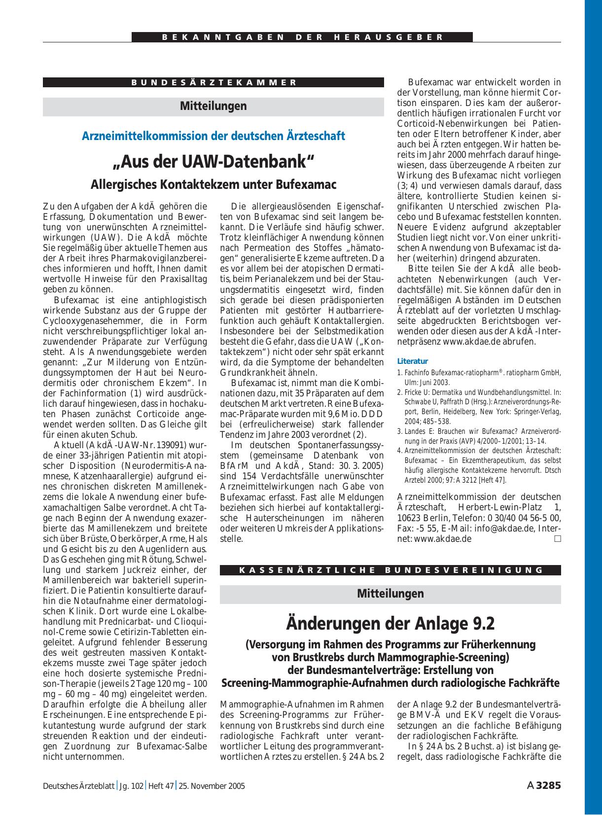 Vorschauseite 1: Mitteilungen: Änderungen der Anlage 9. 2 (Versorgung im Rahmen des Programms zur Früherkennung von Brustkrebs durch Mammographie-Screening) der Bundesmantelverträge: Erstellung vo…