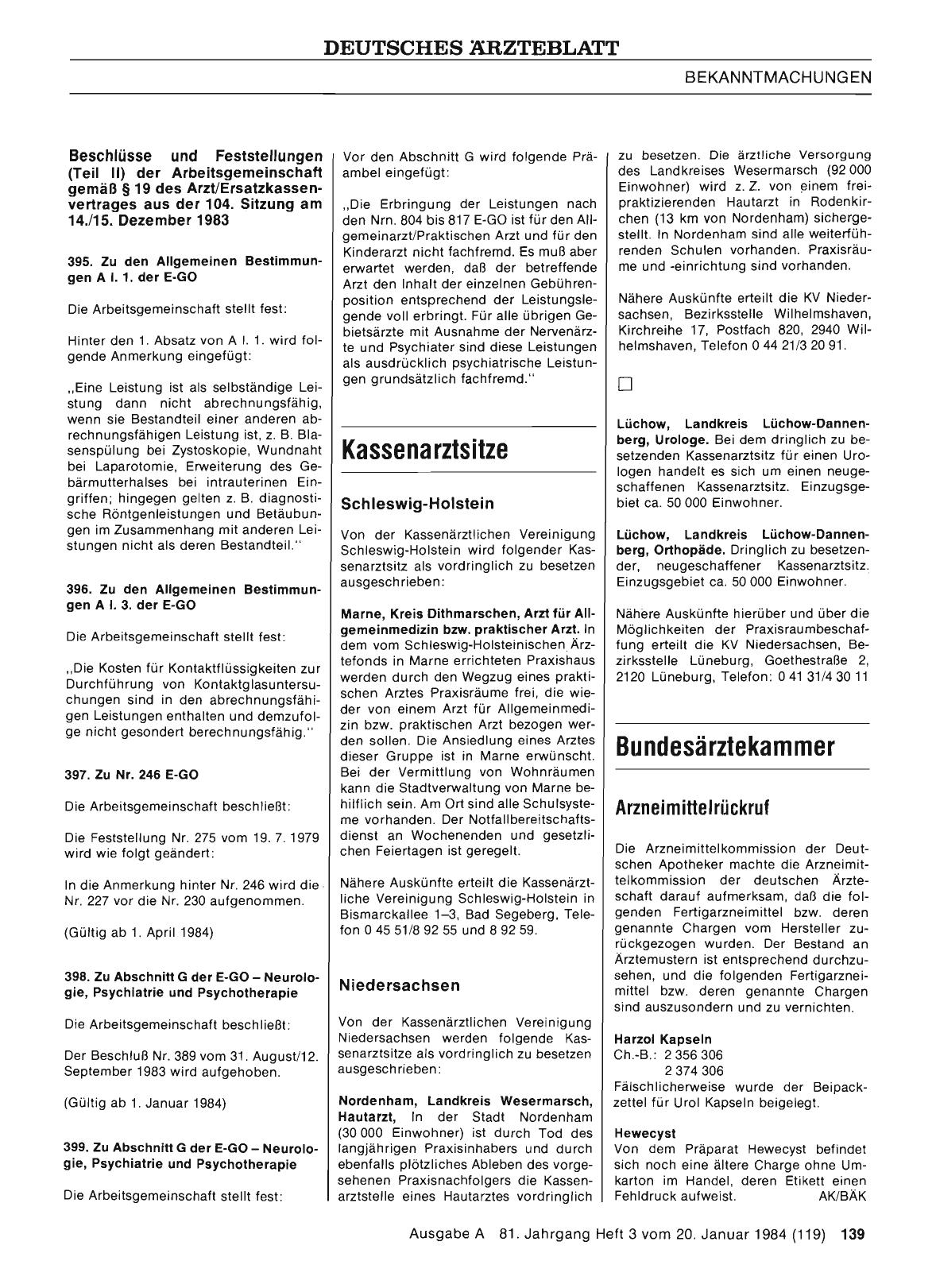 Vorschauseite 1: Beschlüsse und Feststellungen (Teil II) der Arbeitsgemeinschaft gemäß § 19 des Arzt/Ersatzkassenvertrages aus der 104. Sitzung am 14. /15. Dezember 1983