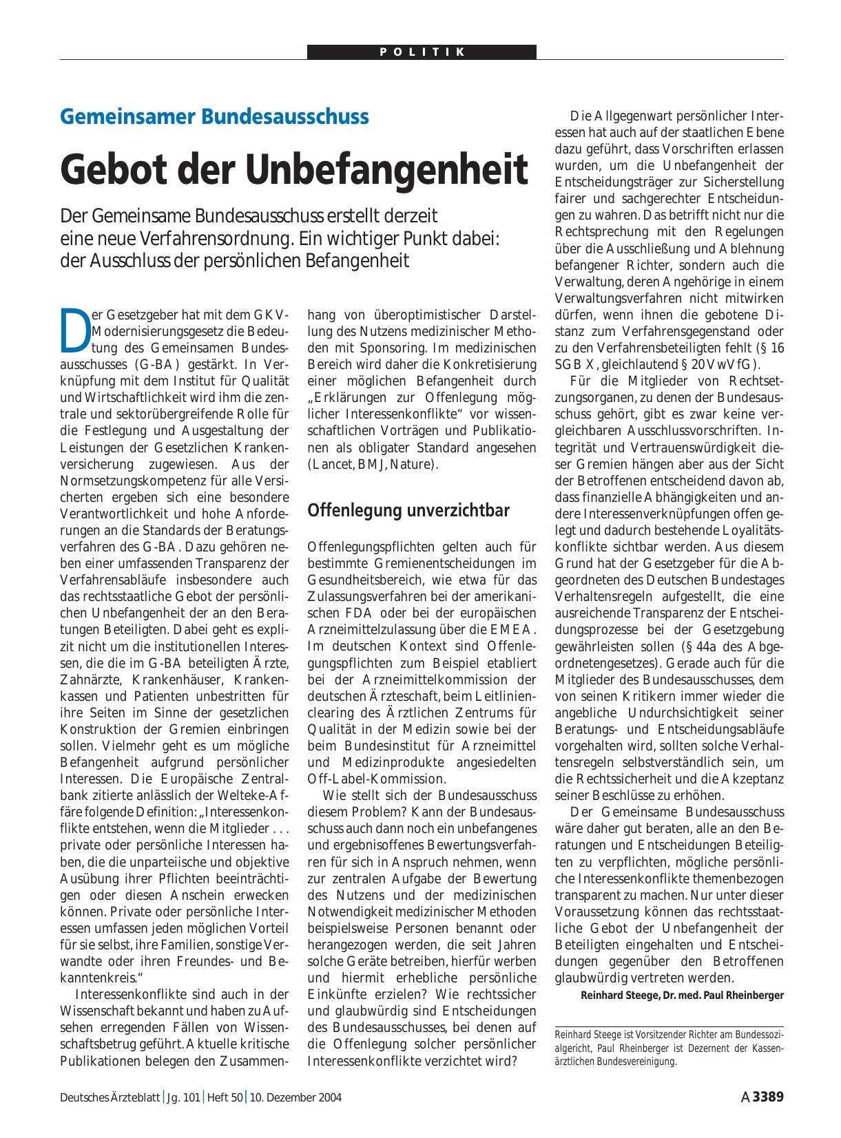 Vorschauseite 1: Gemeinsamer Bundesausschuss: Gebot der Unbefangenheit