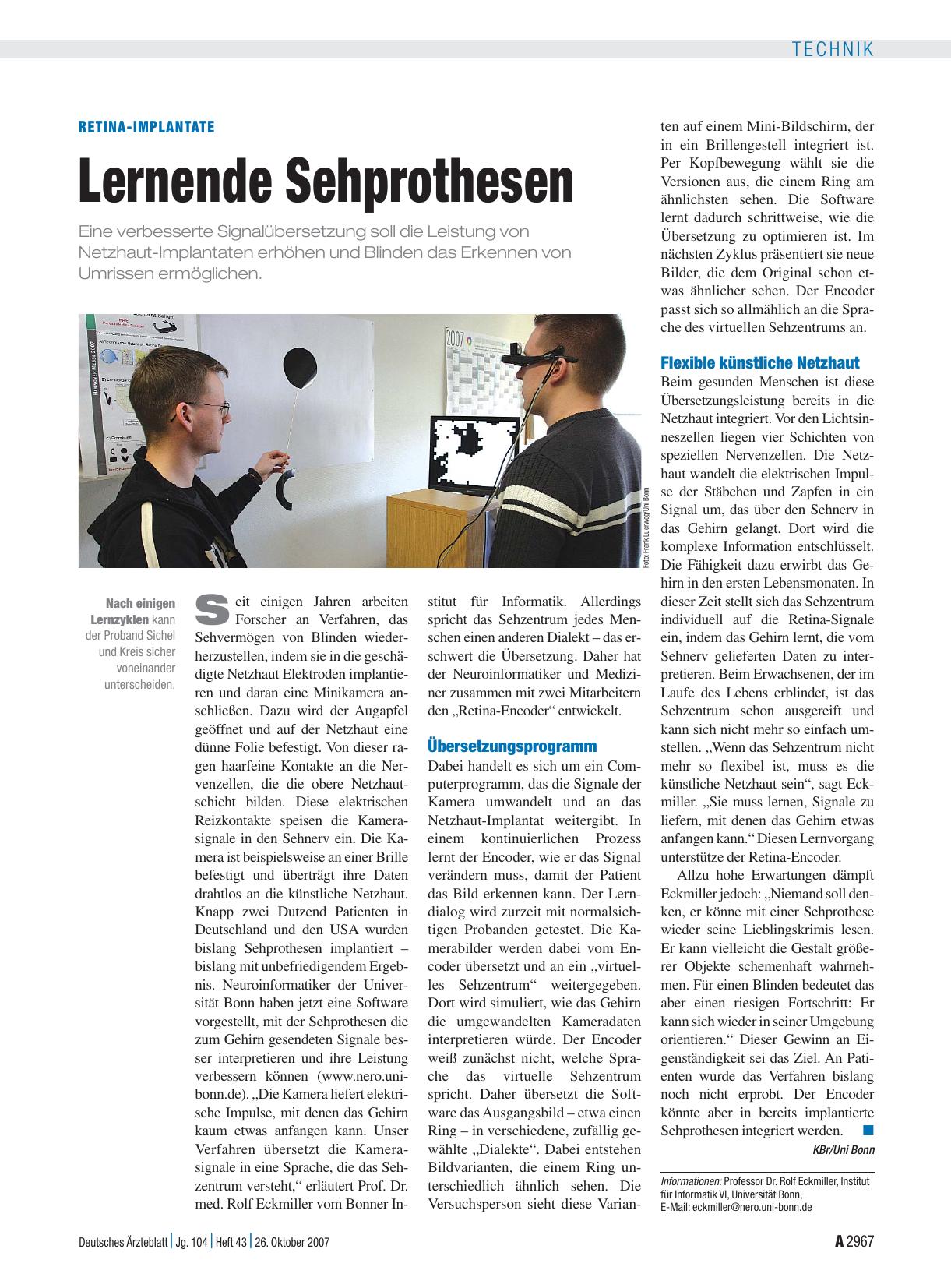 Vorschauseite 1: Retina-Implantate: Lernende Sehprothesen