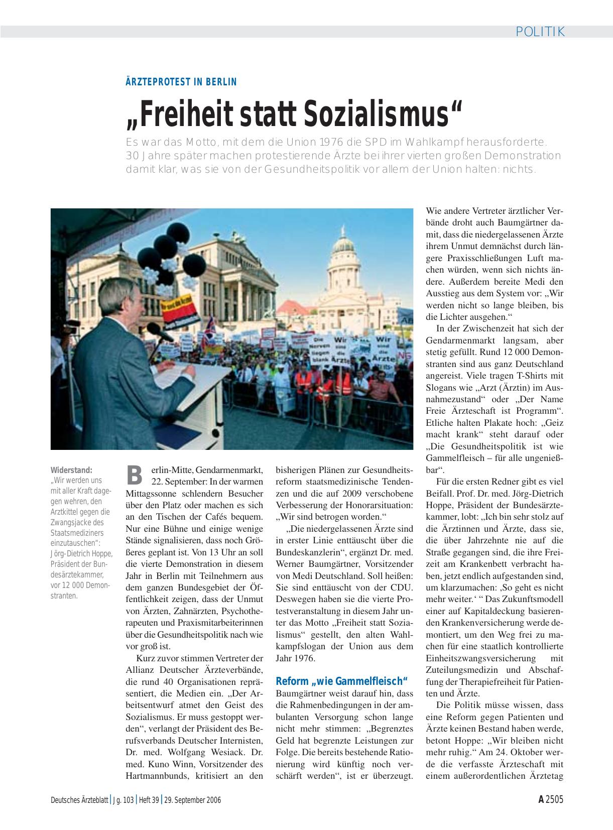 Vorschauseite 1: Ärzteprotest in Berlin: „Freiheit statt Sozialismus“