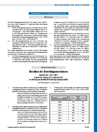 Vorschauseite 1: Beschluss des Bewertungsausschusses nach § 87 Abs. 1 Satz 1 SGB V in seiner 610. Sitzung am 14. September 2022 zur Änderung des Einheitlichen Bewertungsmaßstabes (EBM)