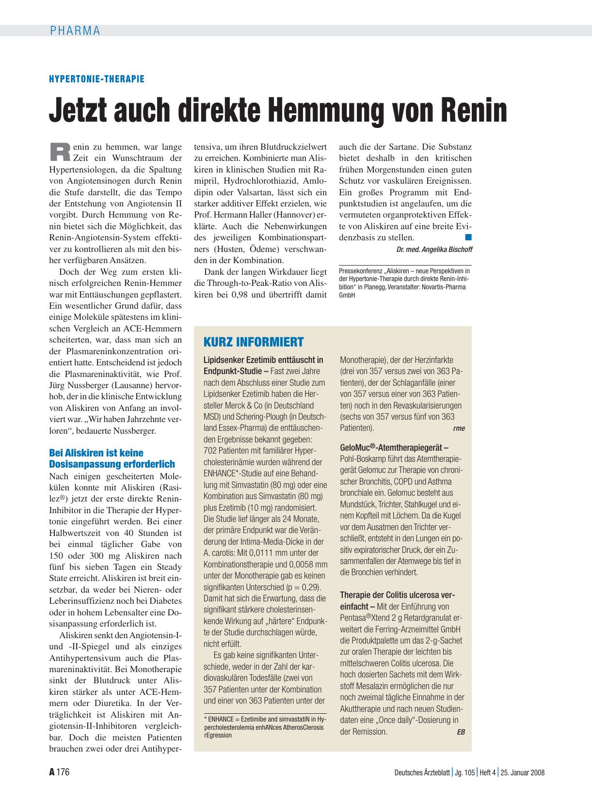 Vorschauseite 1: Hypertonie-Therapie: Jetzt auch direkte Hemmung von Renin