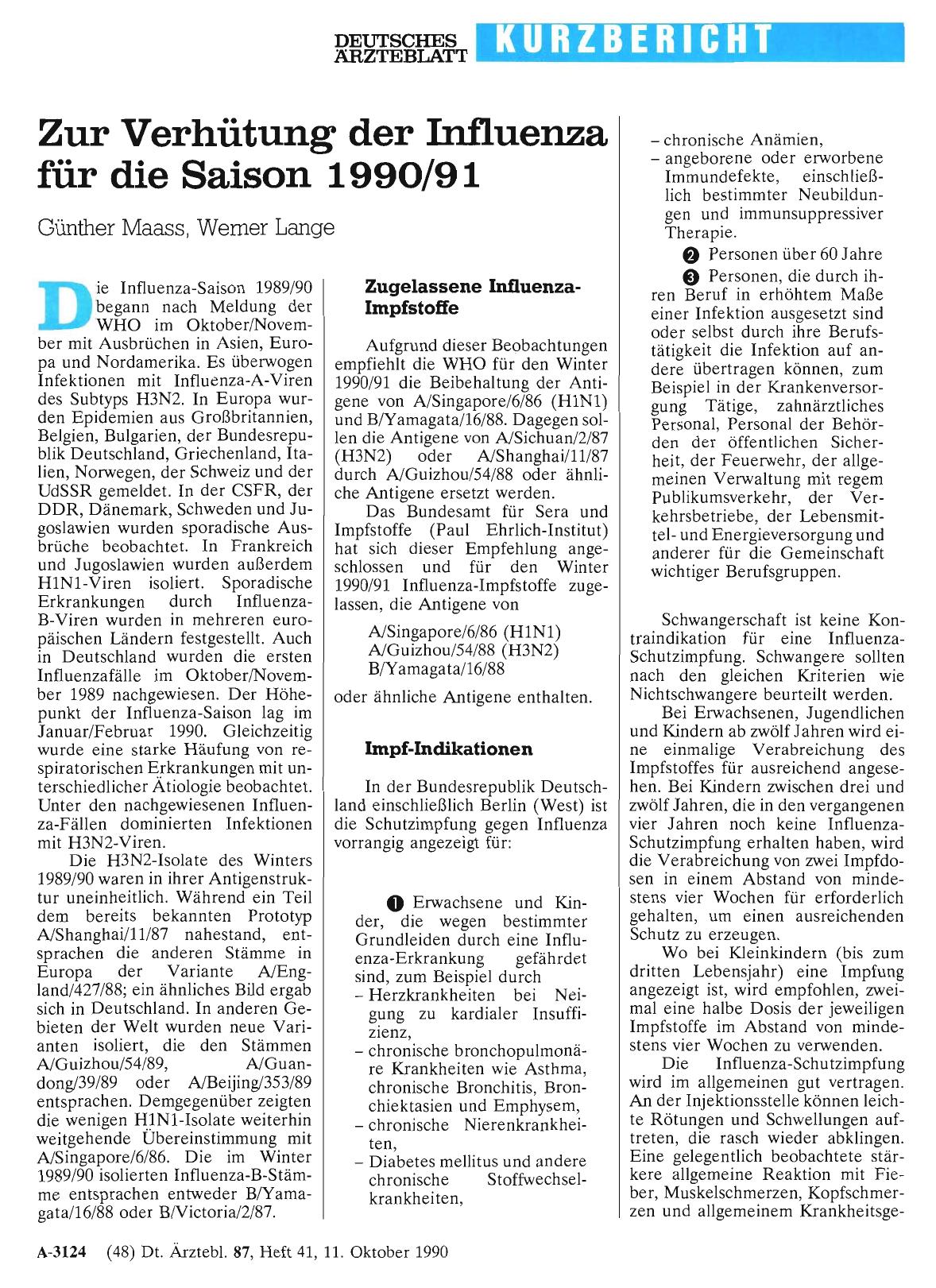 Vorschauseite 1: Zur Verhütung der Influenza für die Saison 1990/91