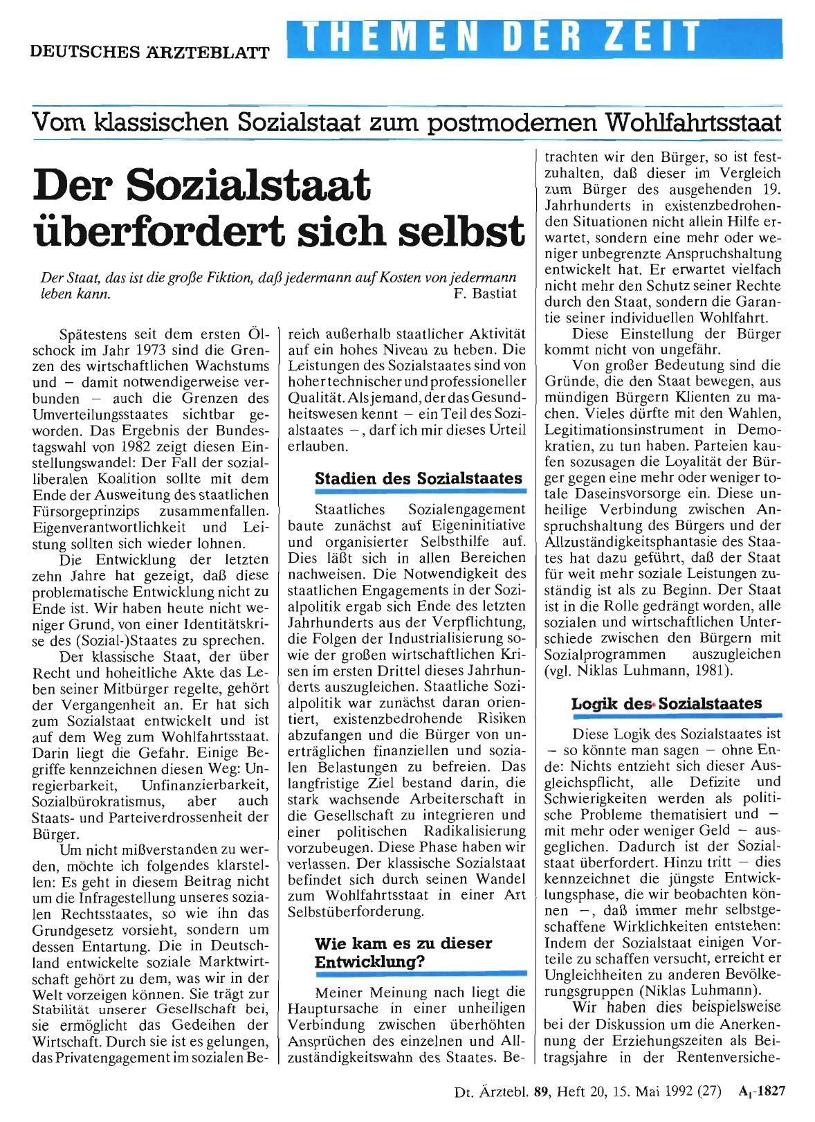 Vorschauseite 1: Vom klassischen Sozialstaat zum postmodernen Wohlfahrtsstaat: Der Sozialstaat überfordert sich selbst