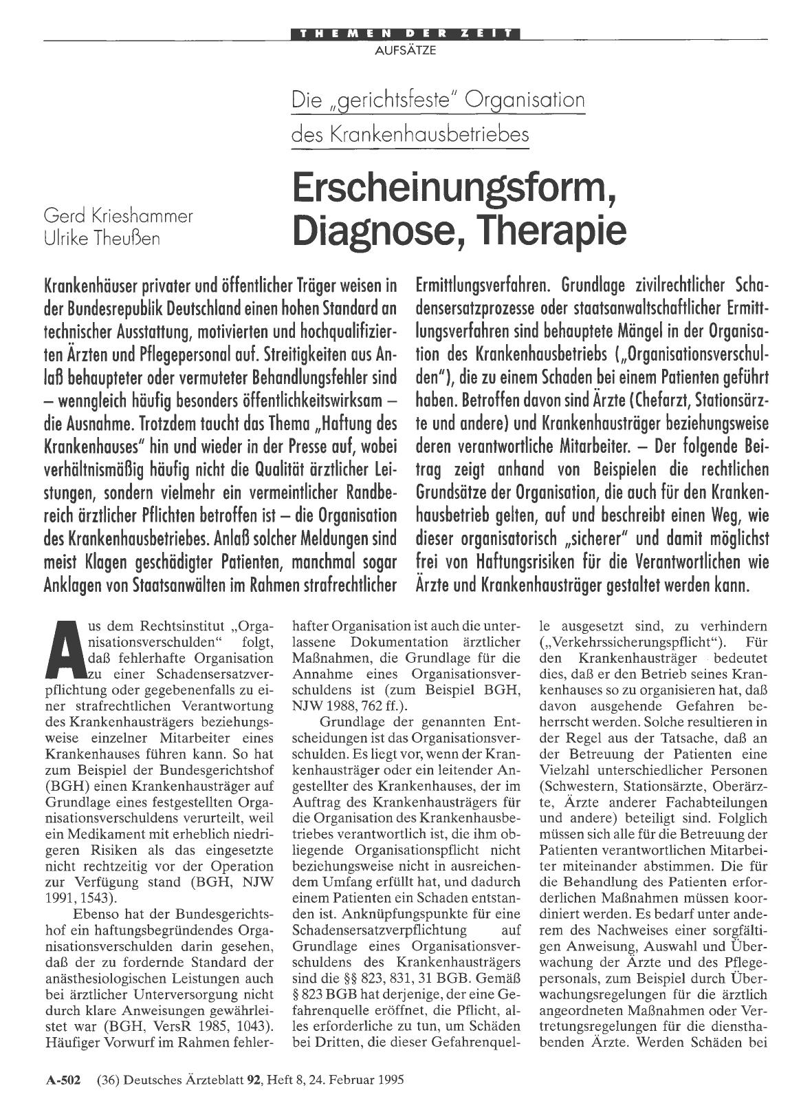 Vorschauseite 1: Die „gerichtsfeste“ Organisation des Krankenhausbetriebes: Erscheinungsform, Diagnose, Therapie