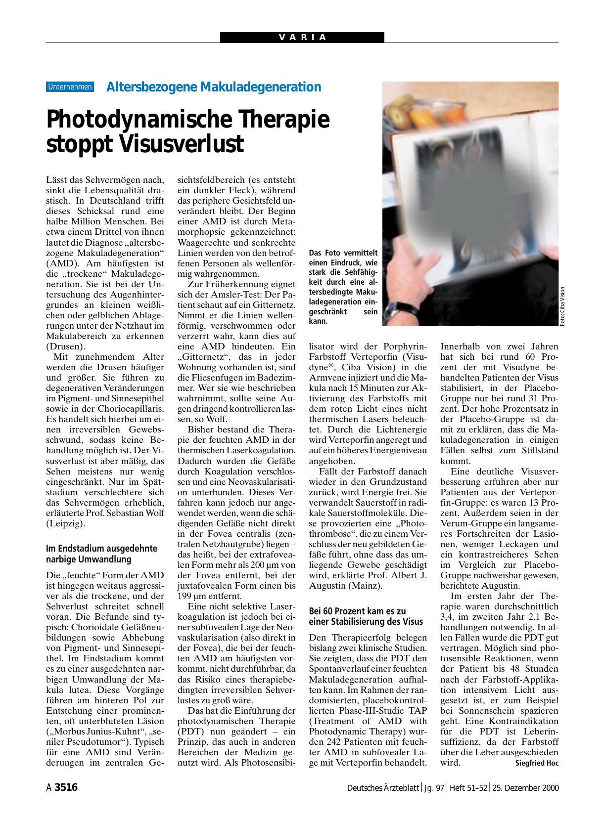 Vorschauseite 1: Altersbezogene Makuladegeneration: Photodynamische Therapie stoppt Visusverlust