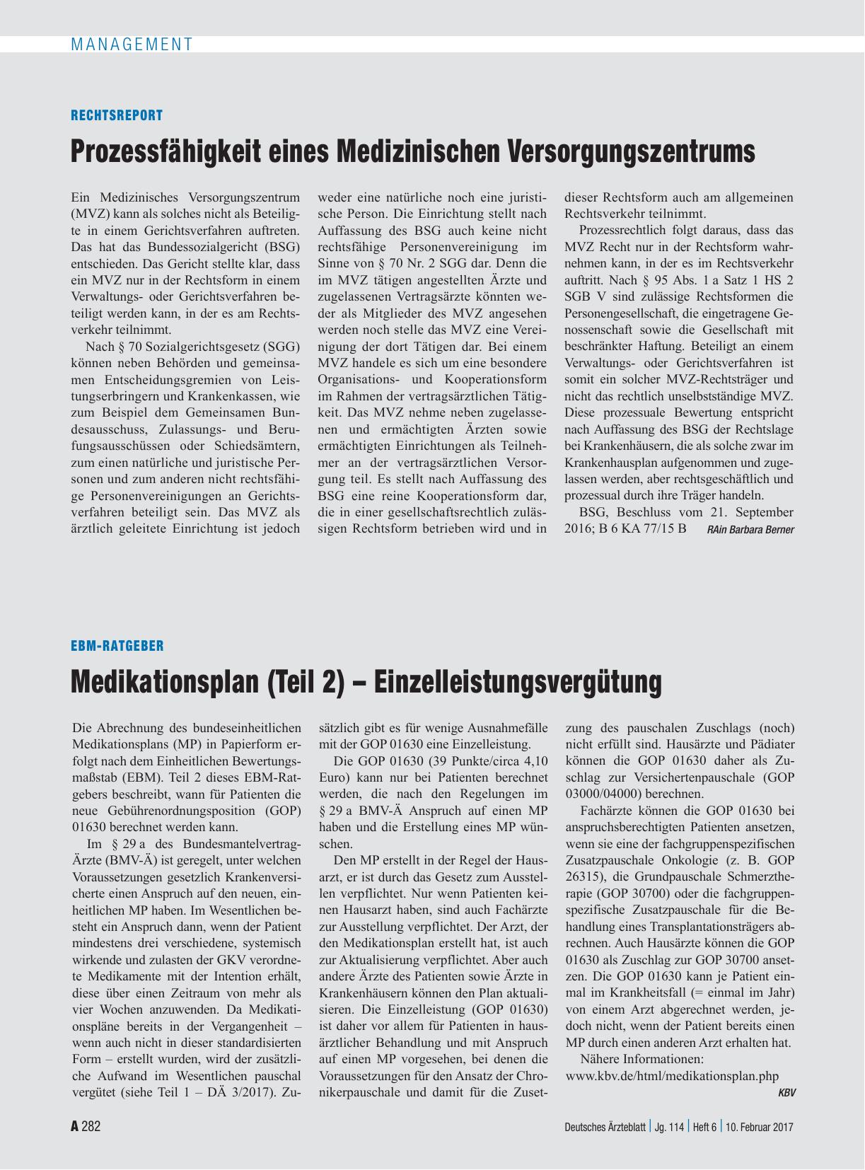 Vorschauseite 1: Rechtsreport: Prozessfähigkeit eines Medizinischen Versorgungszentrums