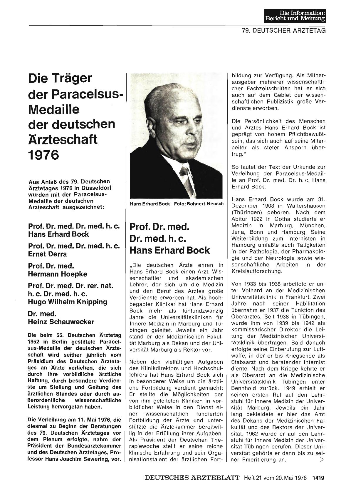 Vorschauseite 1: Die Träger der Paracelsus-Medaille der deutschen Ärzteschaft 1976